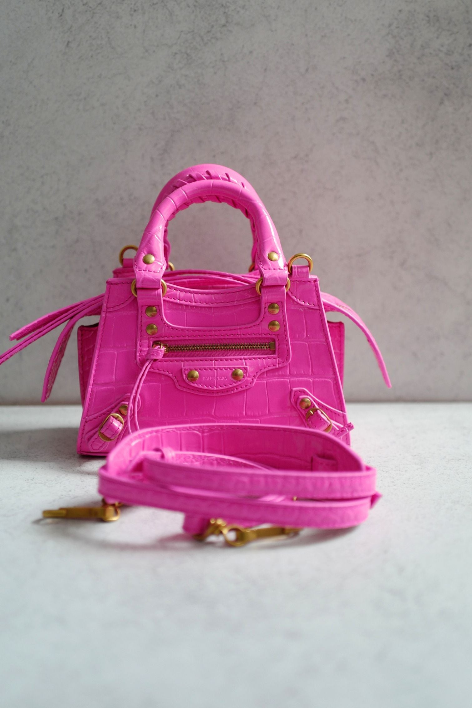 Balenciaga Neo Classic Nano Size In Bright Pink Croco Leather