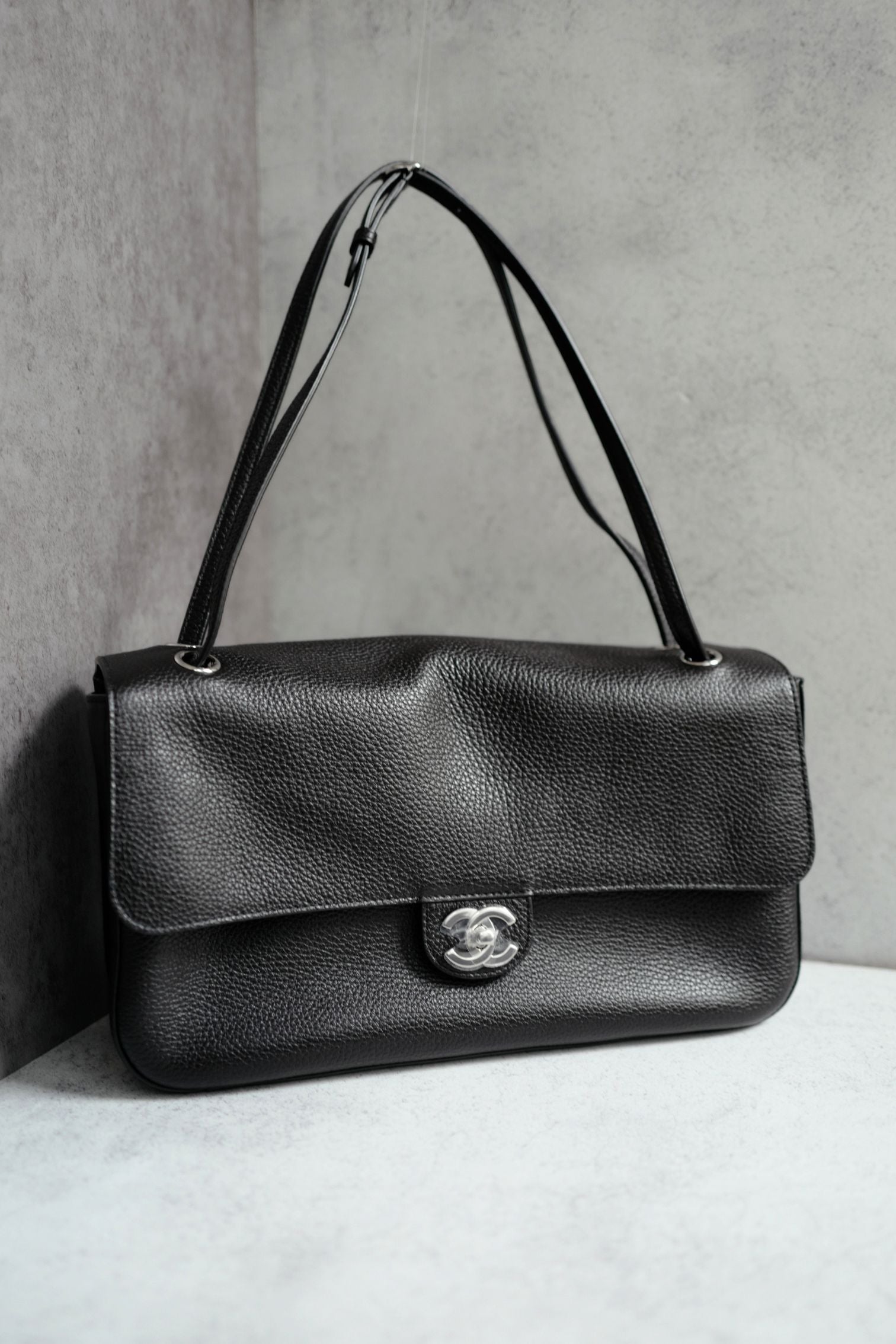Chanel 26s Maxi Flapbag Black Grained Calfskin & Silver Metal  "Matthieu Blazy