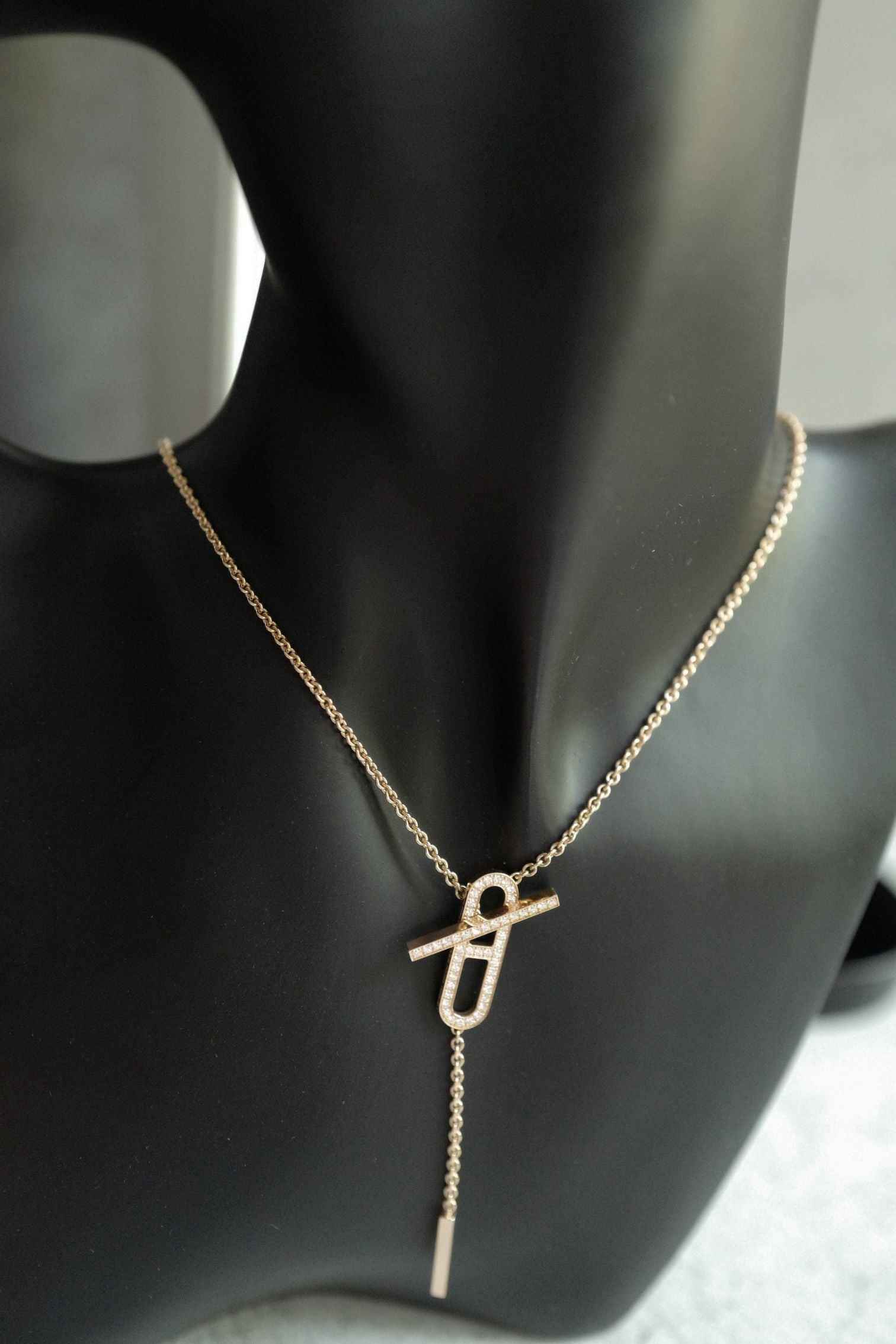 NEW Hermes Ever Chaine d'ancre Lariat Necklace Rose Gold 54 Diamonds