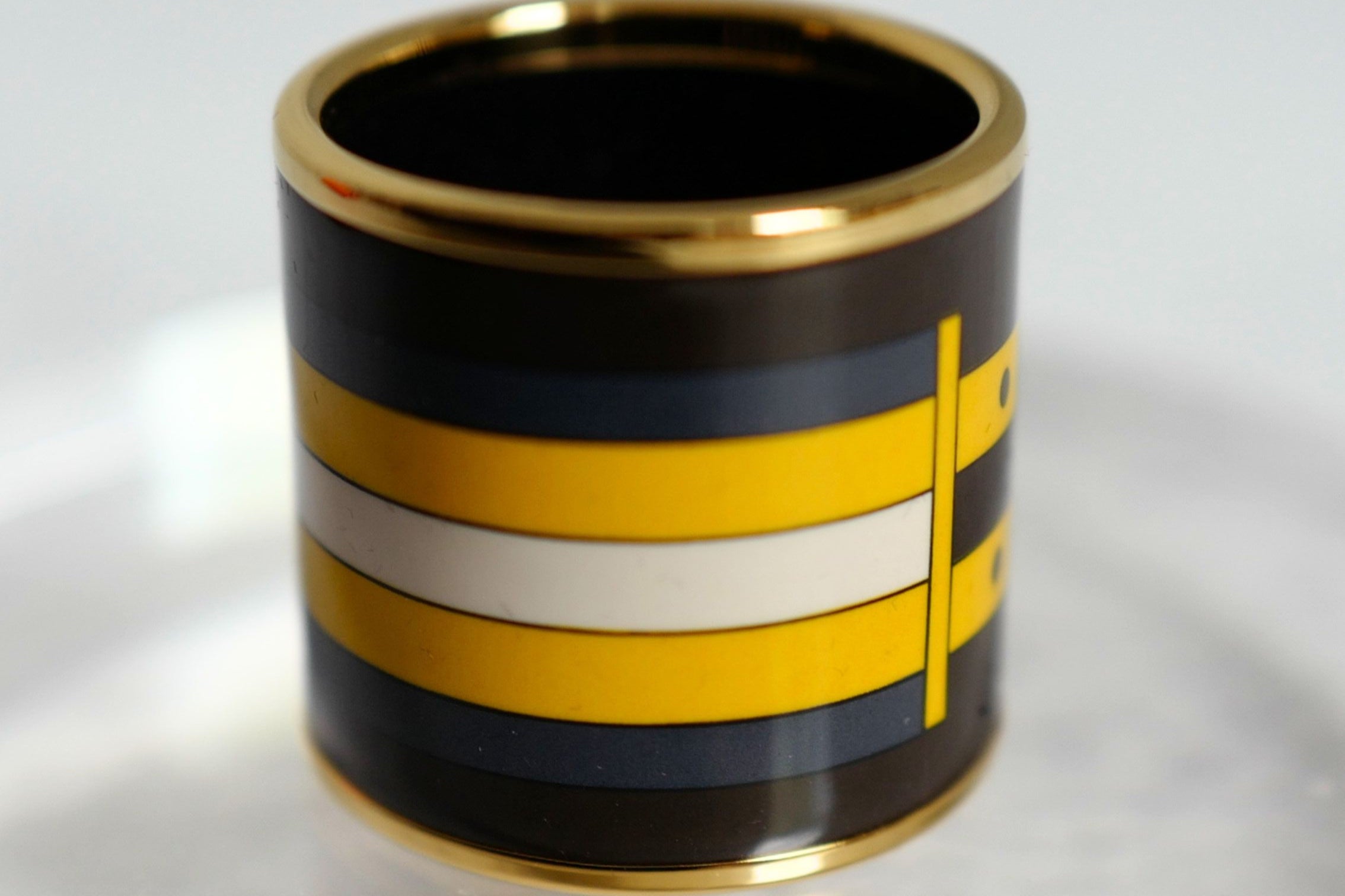 Hermès Rocabar Enamel Scarf Ring Black/Yellow/Blue Striped