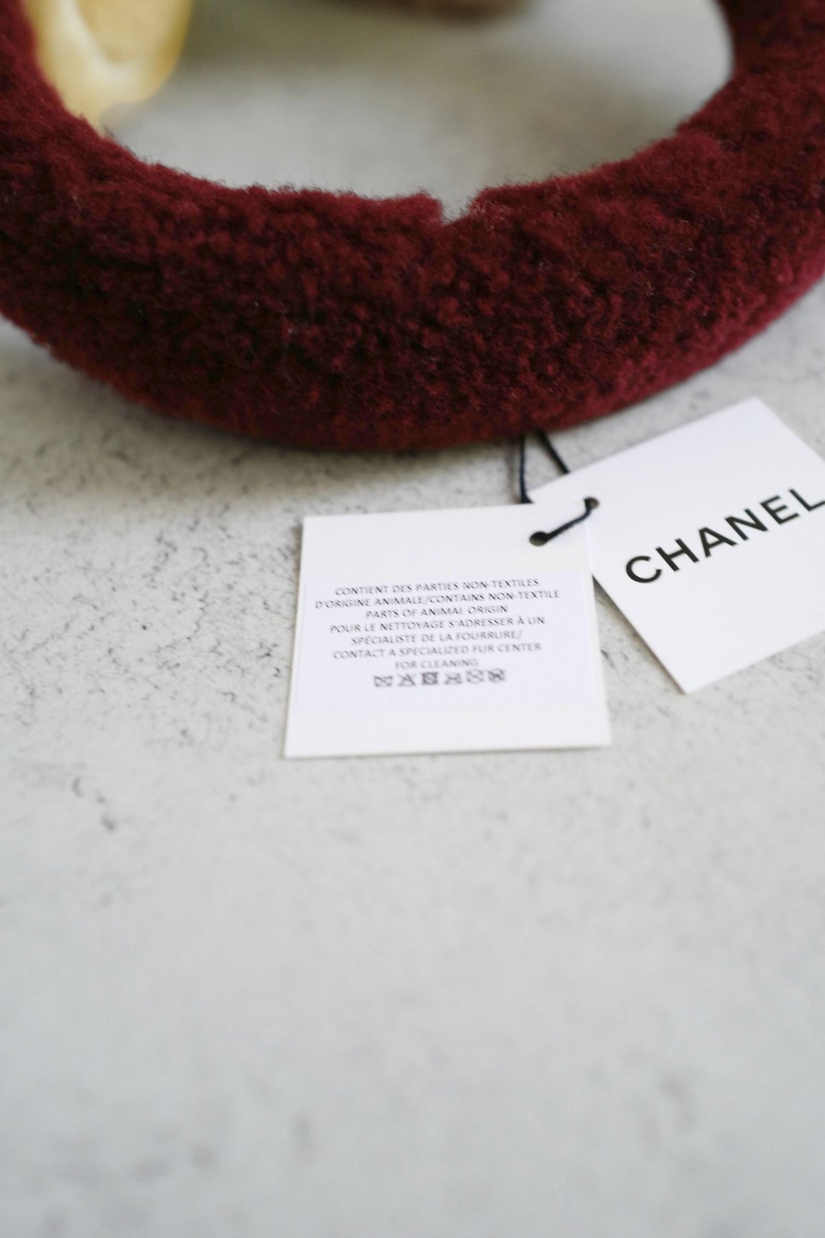 NEW Chanel 26N Coco Neige Earmuffs CC Logo Lamb Shearling in Beige and Burgundy