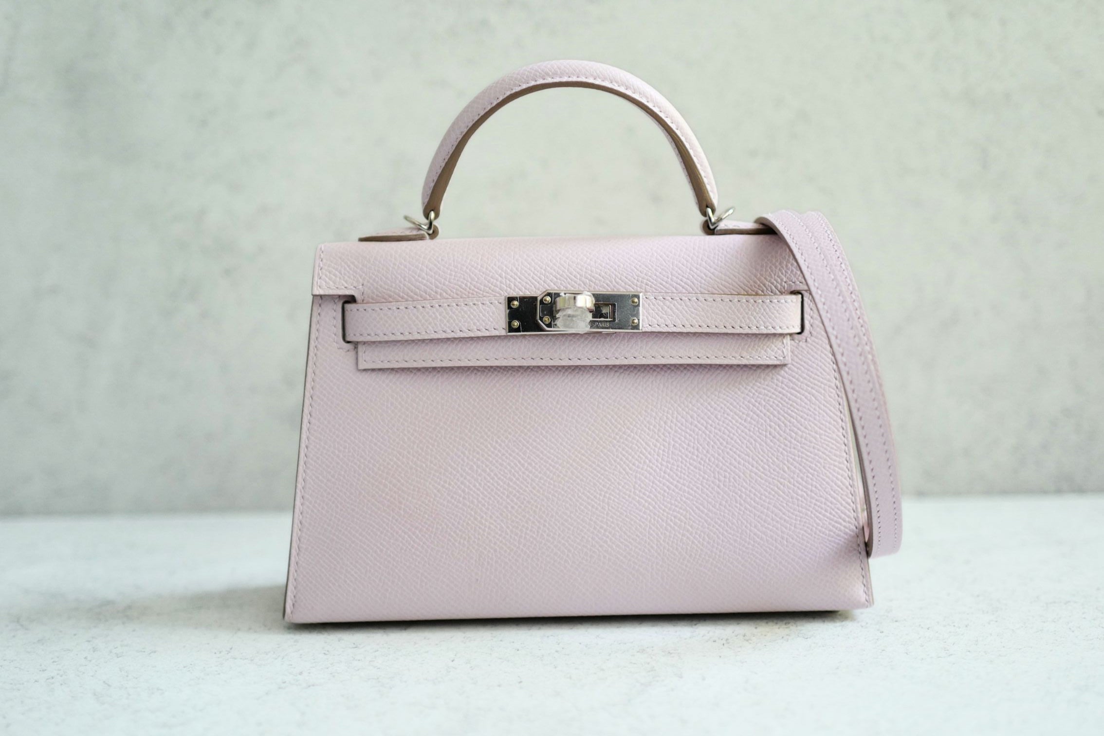 Hermès Mini Kelly Mauve Pale Epsom Leather Palladium Hardware 2024 Stamp B