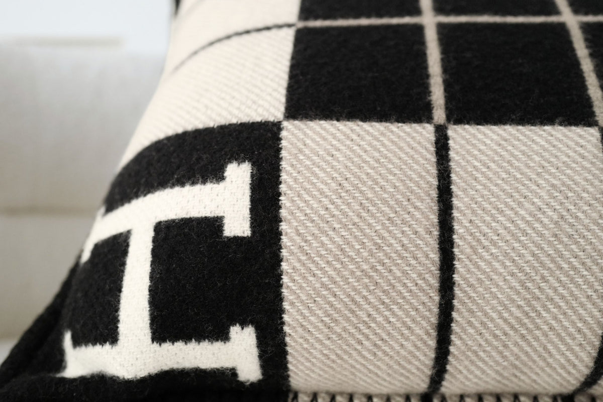 New Hermes Avalon III Jacquard Cushion Petit Modele Wool Cashmere Ecru Noir