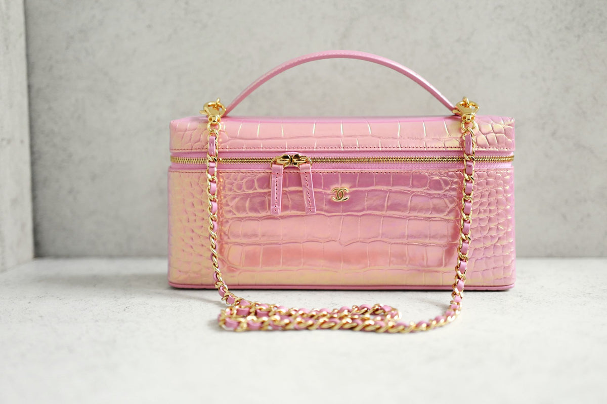 NEW Chanel 26K Vanity with Chain Rose Crocodile Embossed Calfskin Leather GHW