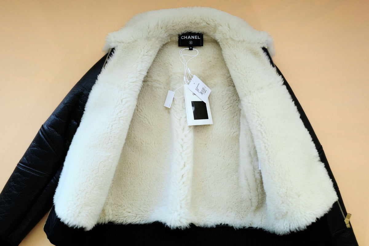 Chanel 26B Blouson Jacket Black White Shearling Lambskin Size 36