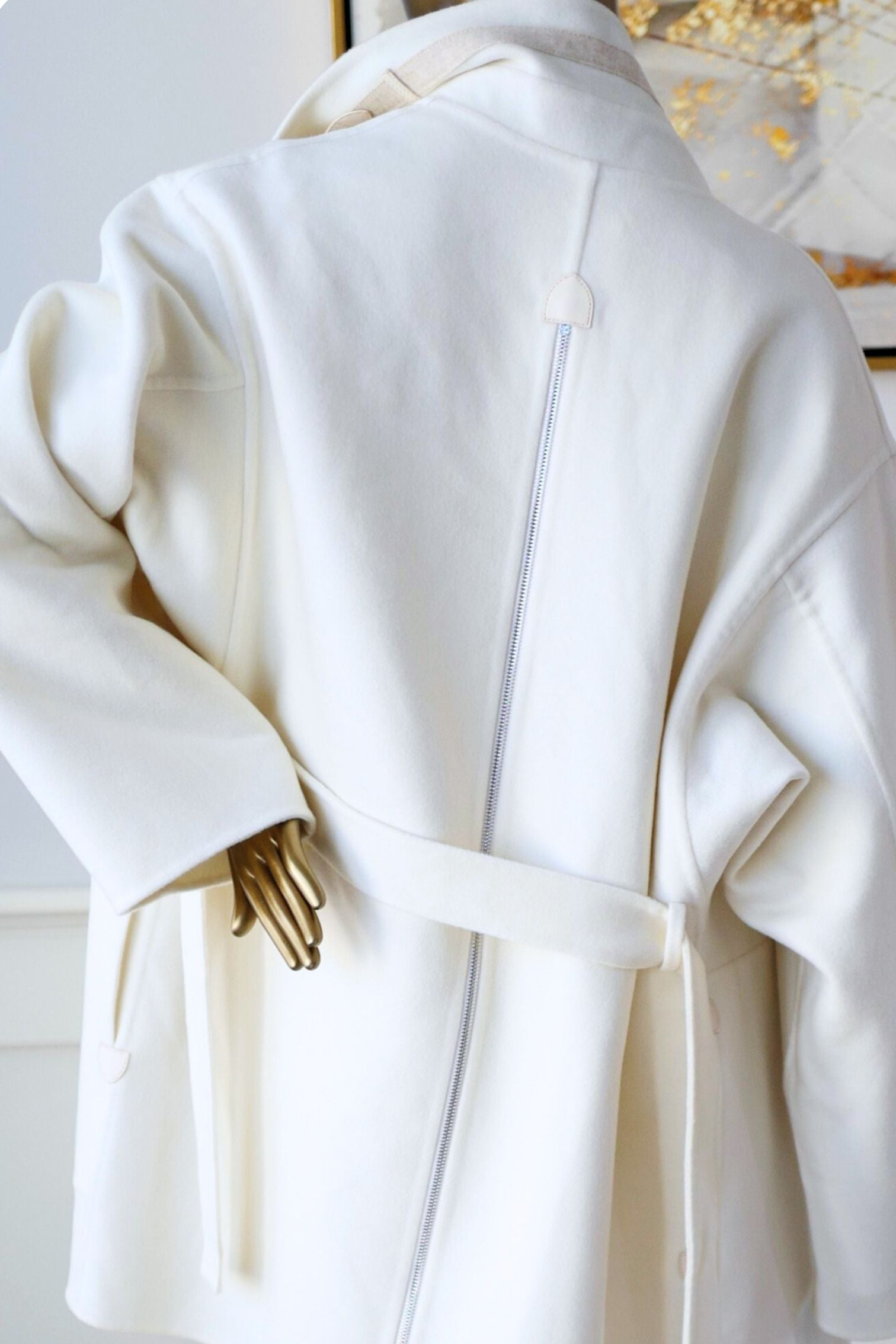 Hermès Double-Face Cashmere Coat with Felt & Leather Details in Natural White Size 34