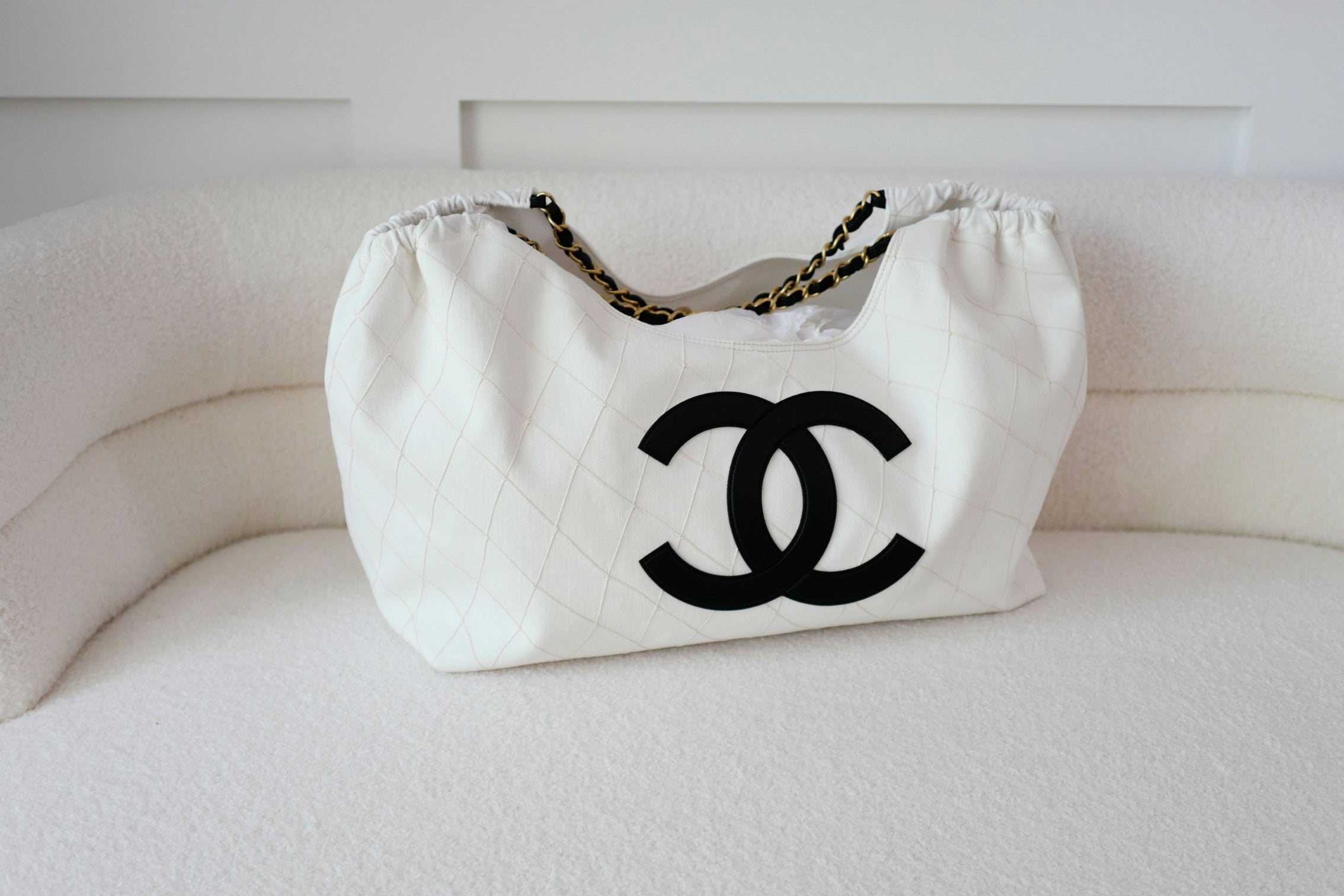 Chanel 26M Coco Beach Small Tote White Black Denim Calfskin Gold Hardware