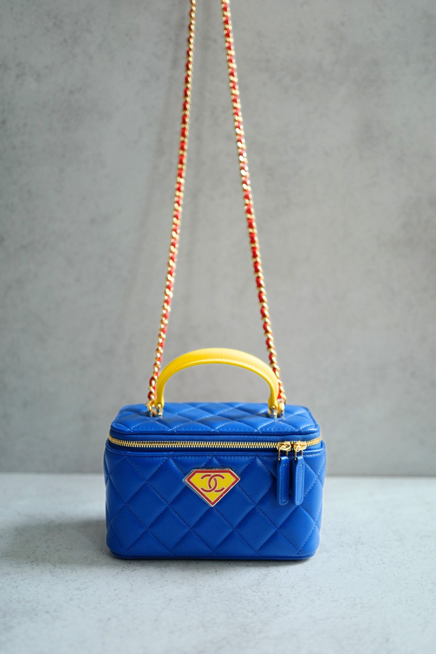 Chanel 26A Long Vanity Superman With Chain Lambskin Blue/Yellow/Red Gold HW