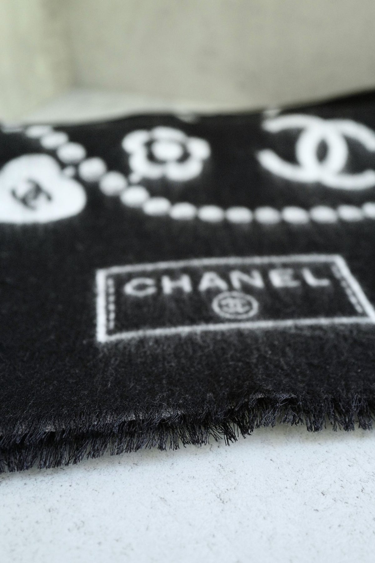 NEW Chanel 25B Black White Wool & Silk Scarf with Pearl Decoration