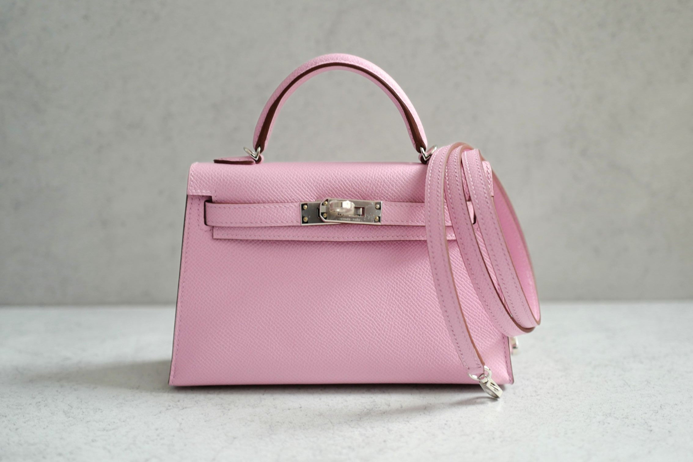 NEW Hermes Mini Kelly Mauve Sylvestre Epsom Leather Palladium Hardware