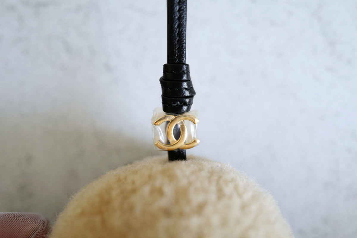 NEW Chanel 26N Coco Neige Mini Ball Bag Charm CC Logo Lambskin Shearling Black Beige