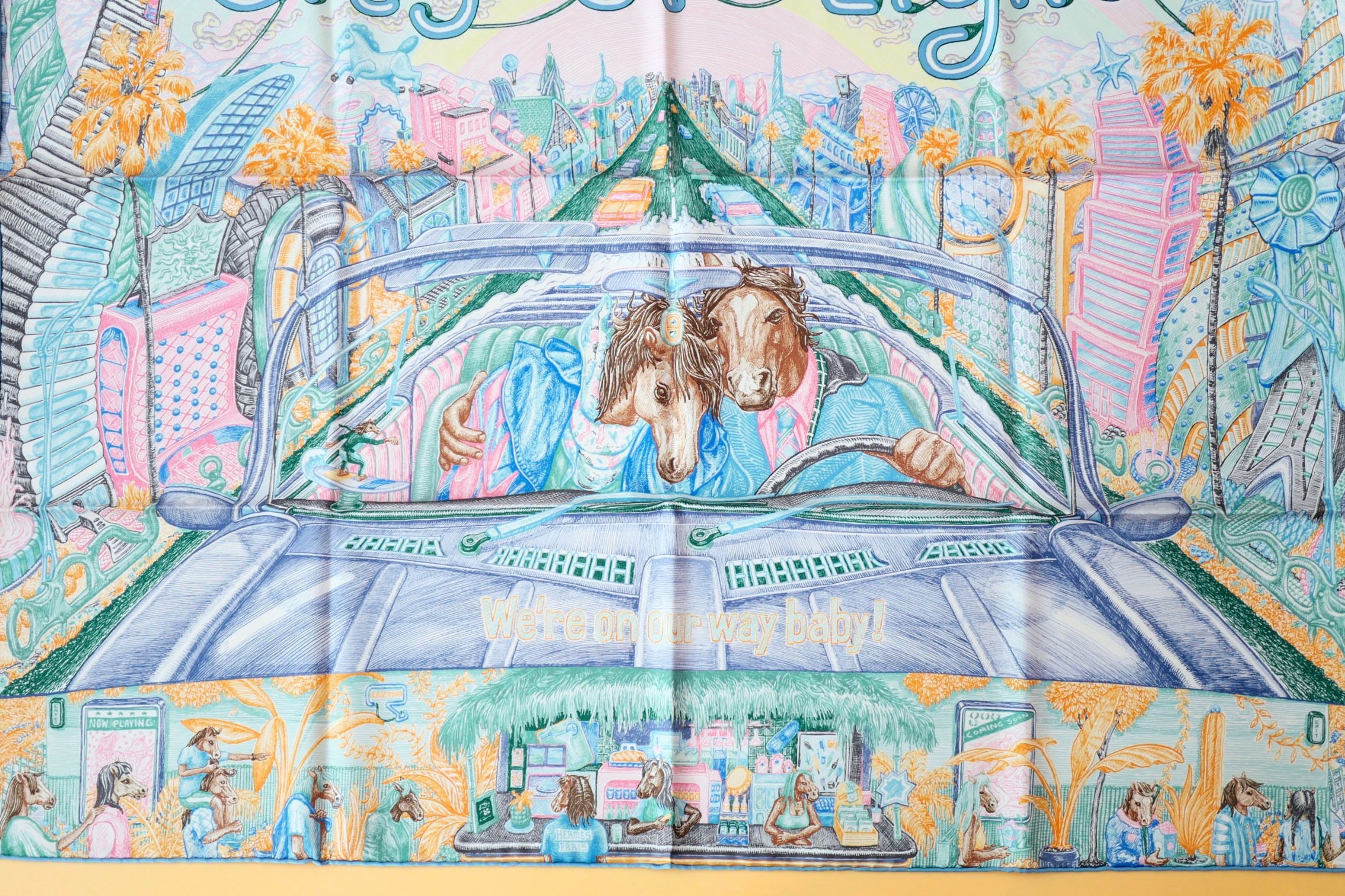 Hermès City of Light Scarf Bleu Jean/Rose/ Vert Véronèse 100% Silk 90