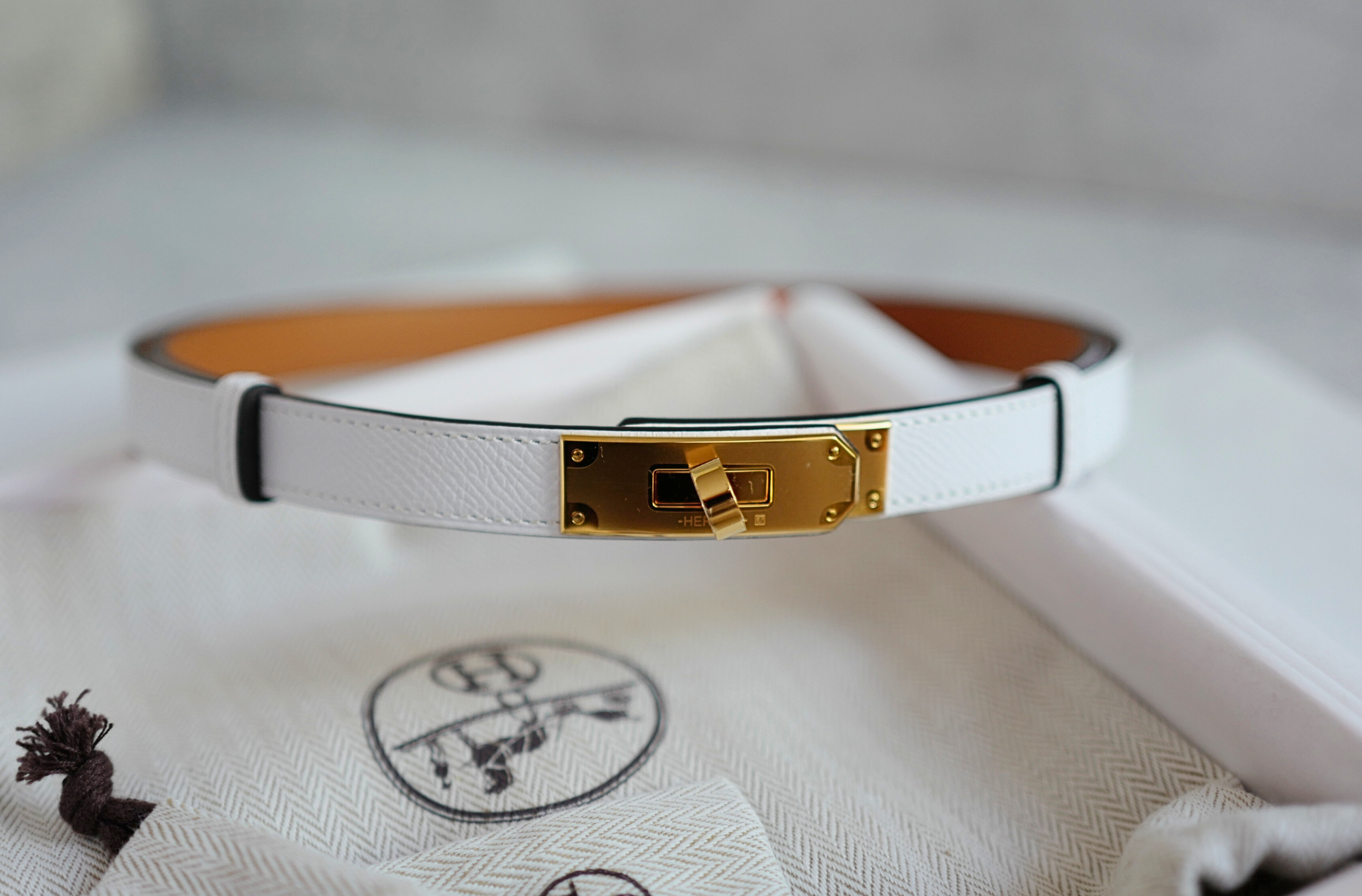 BNIB Hermès Kelly 18 Belt Epsom in White (Blanc) Gold Hardware 2025