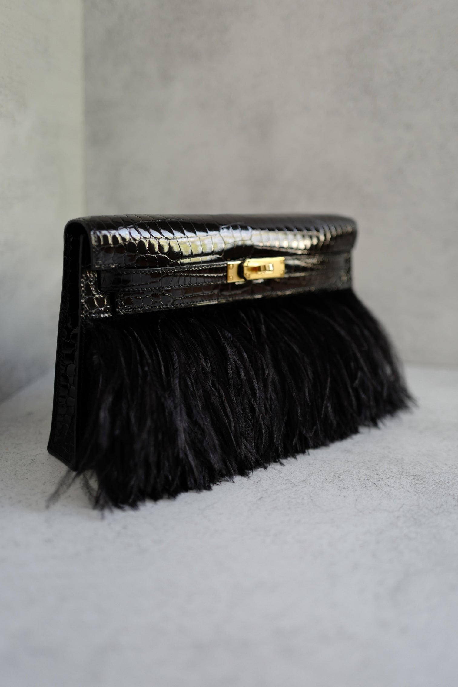 Hermès Kelly Elan Folie Clutch Black Porosus Crocodile & Feather Noir with Gold Hardware