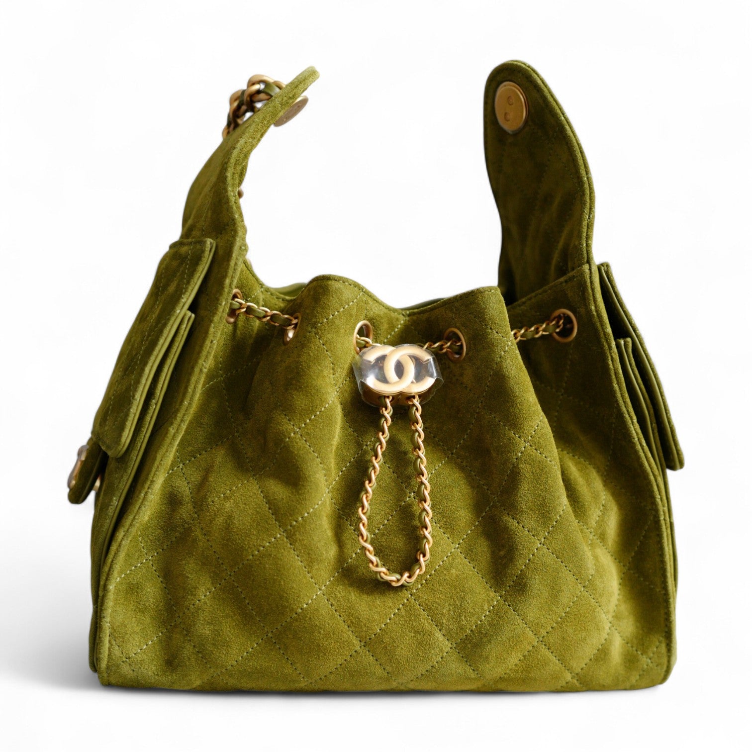 BNIB Chanel 25K Small Hobo Bag Khaki Green Suede with Gold Hardware