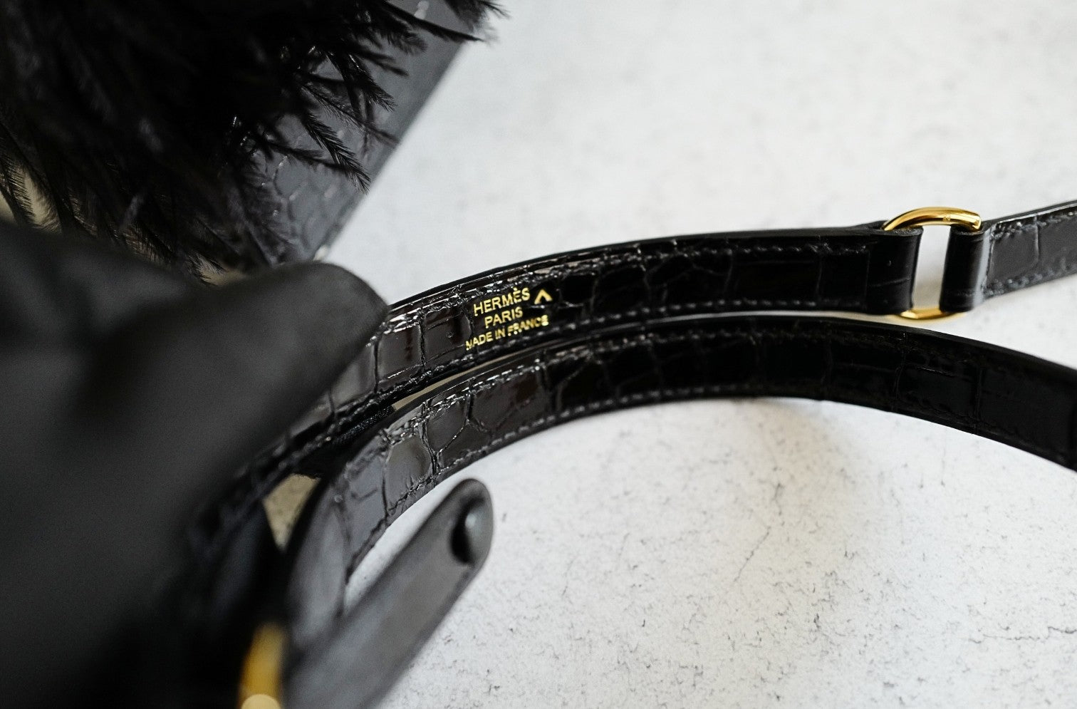 Hermès Kelly Elan Folie Clutch Black Porosus Crocodile & Feather Noir with Gold Hardware