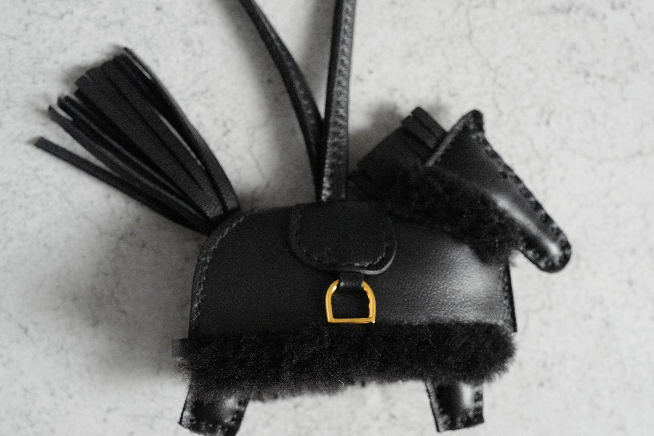 Hermès Horse Charm Rodeo Robeo Plush PM Noir Lambskin Wool Yellow Gold Plated