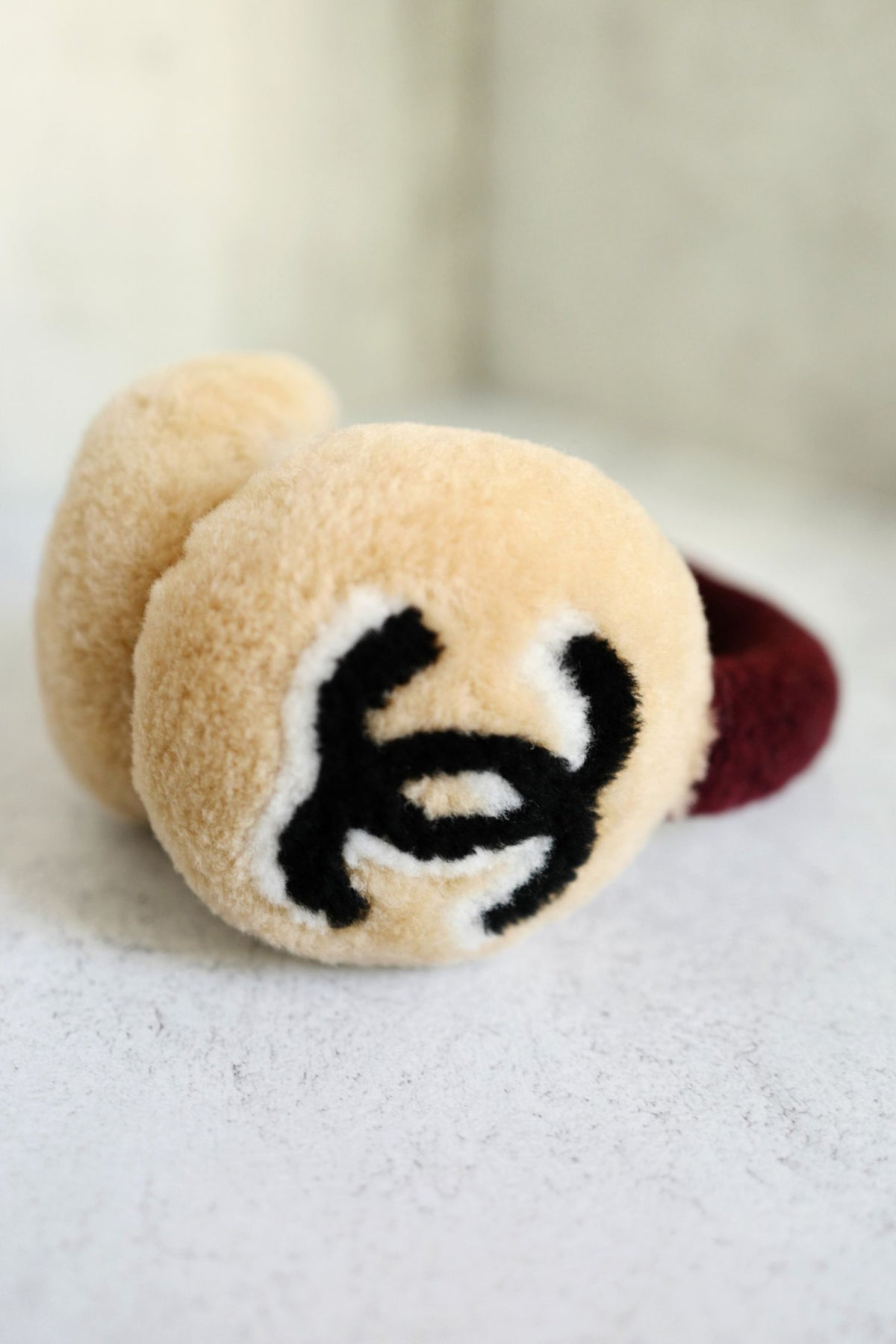 NEW Chanel 26N Coco Neige Earmuffs CC Logo Lamb Shearling in Beige and Burgundy