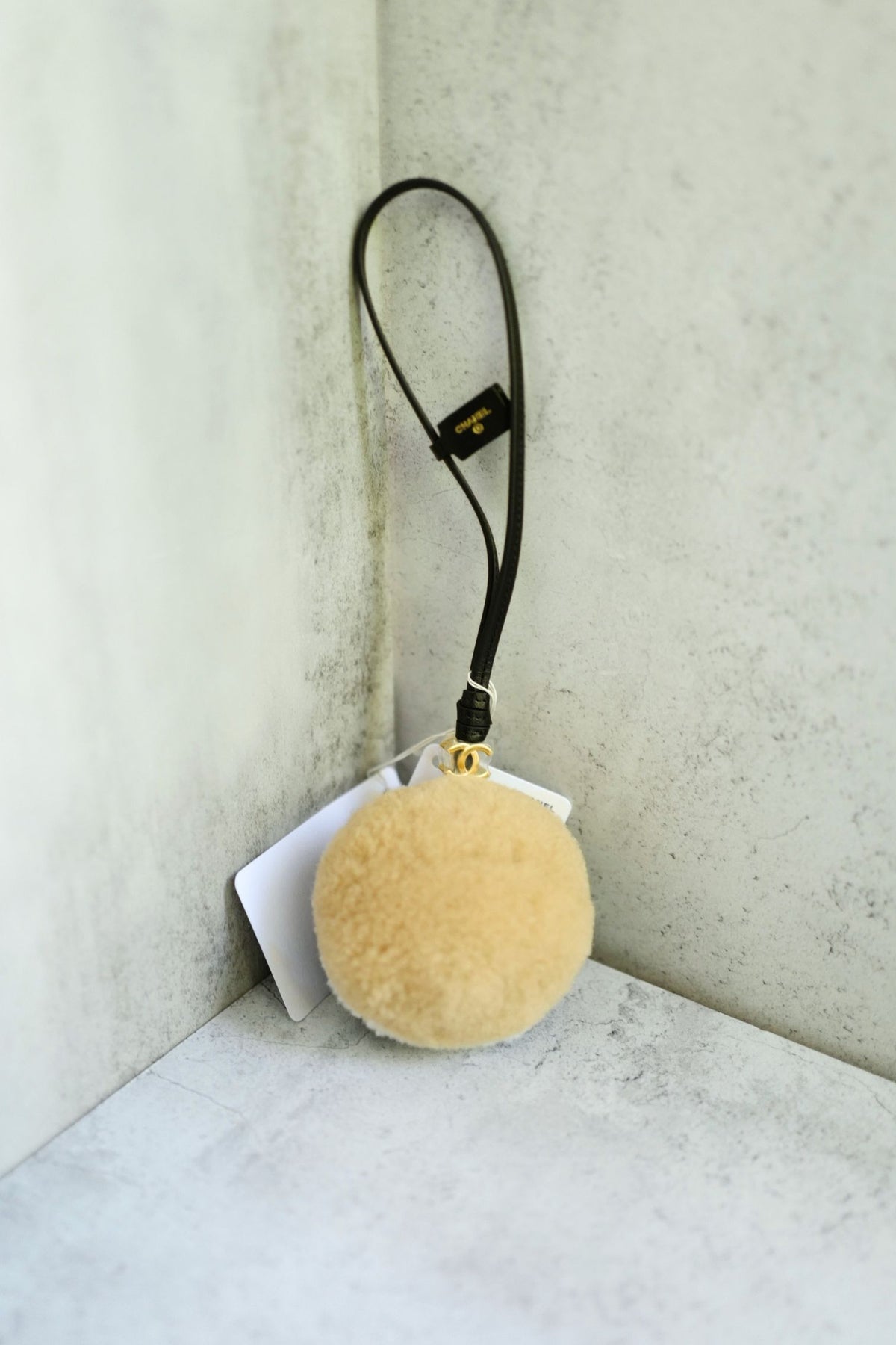 NEW Chanel 26N Coco Neige Mini Ball Bag Charm CC Logo Lambskin Shearling Black Beige