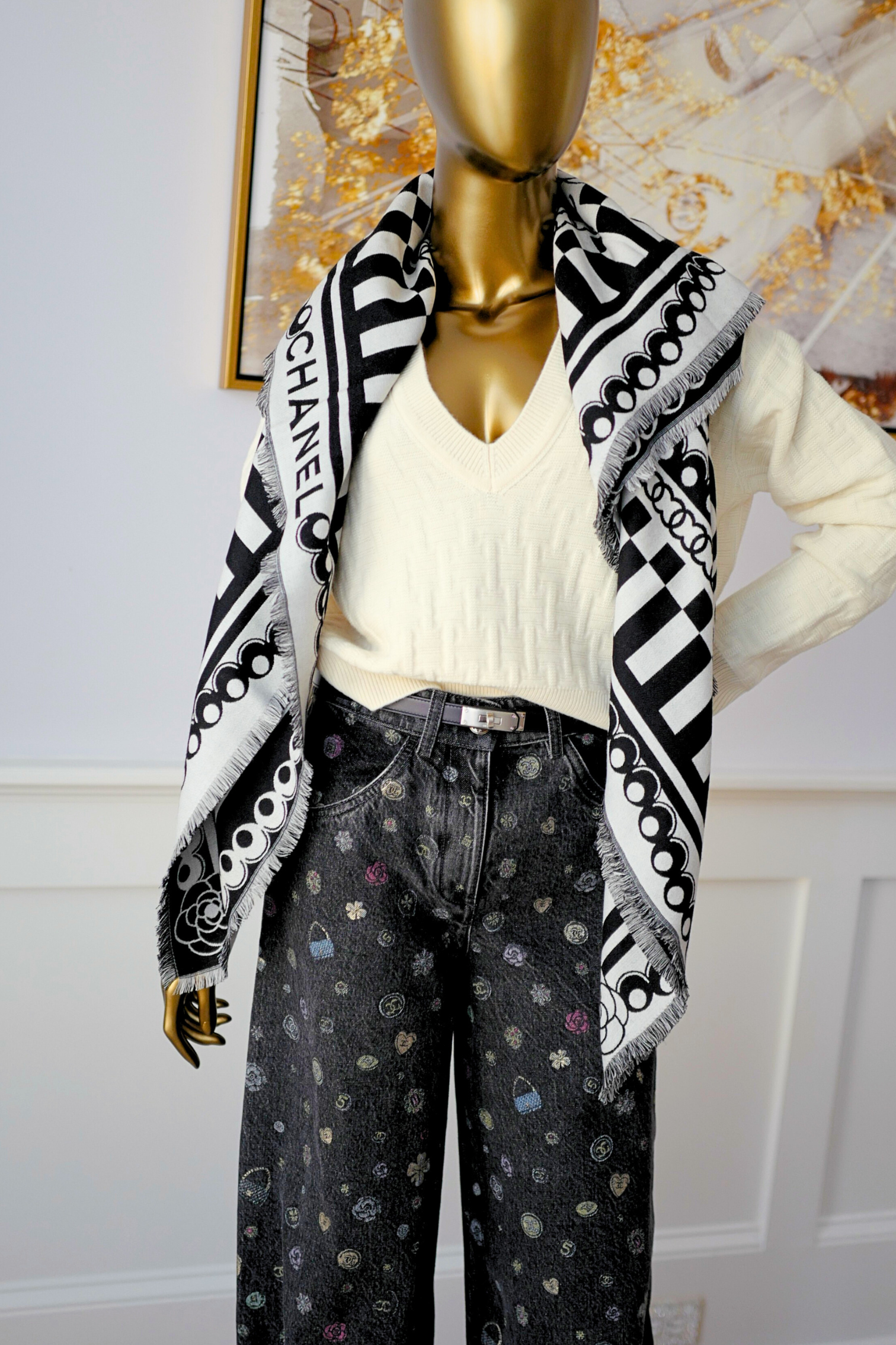 CHANEL 26C Black White Checkered Double CC Scarf Shawl