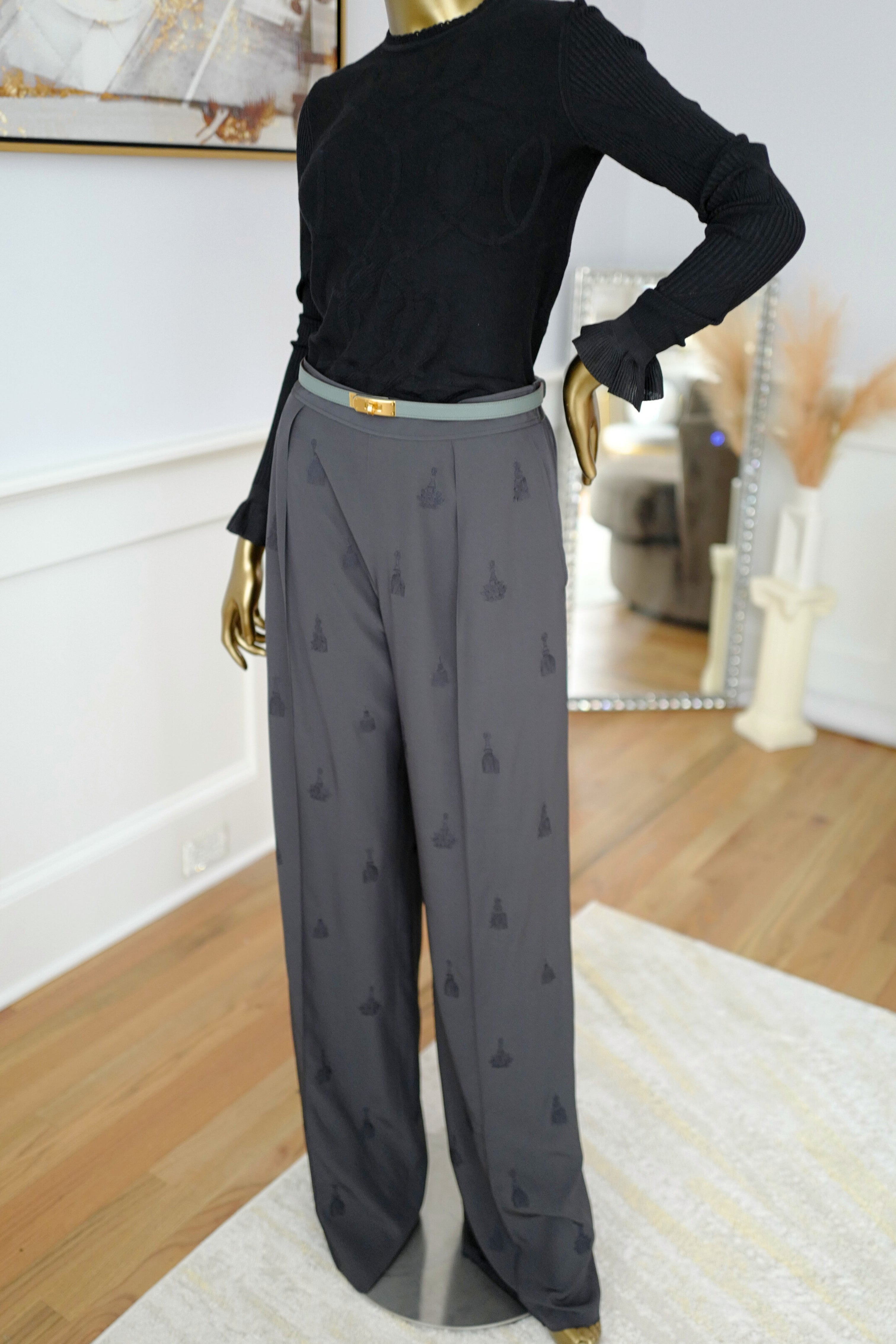 NEW Hermès Women’s Pajama Pants Embroidered Silk Canvas Gris Charbon Size 36