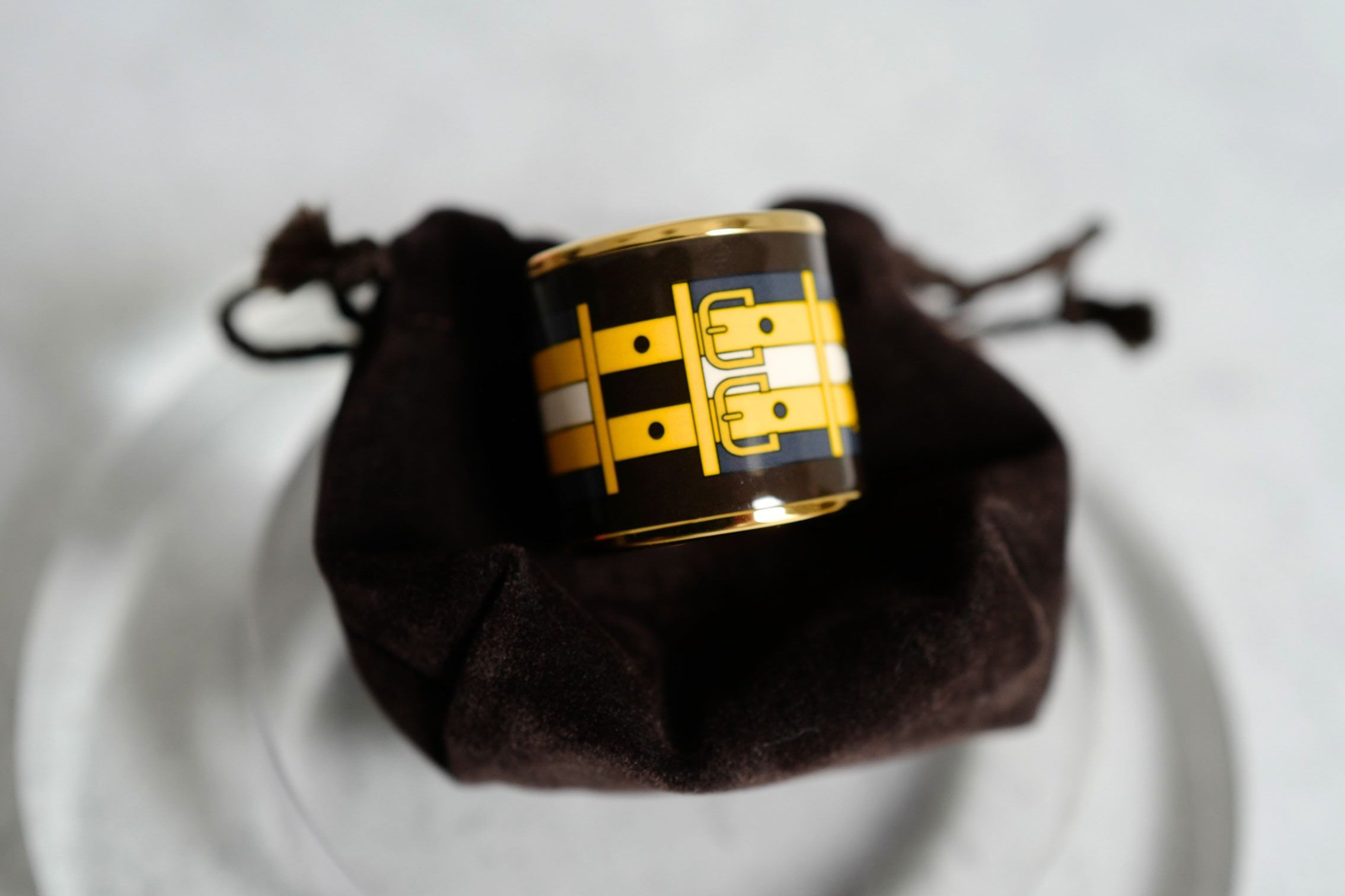 Hermès Rocabar Enamel Scarf Ring Black/Yellow/Blue Striped