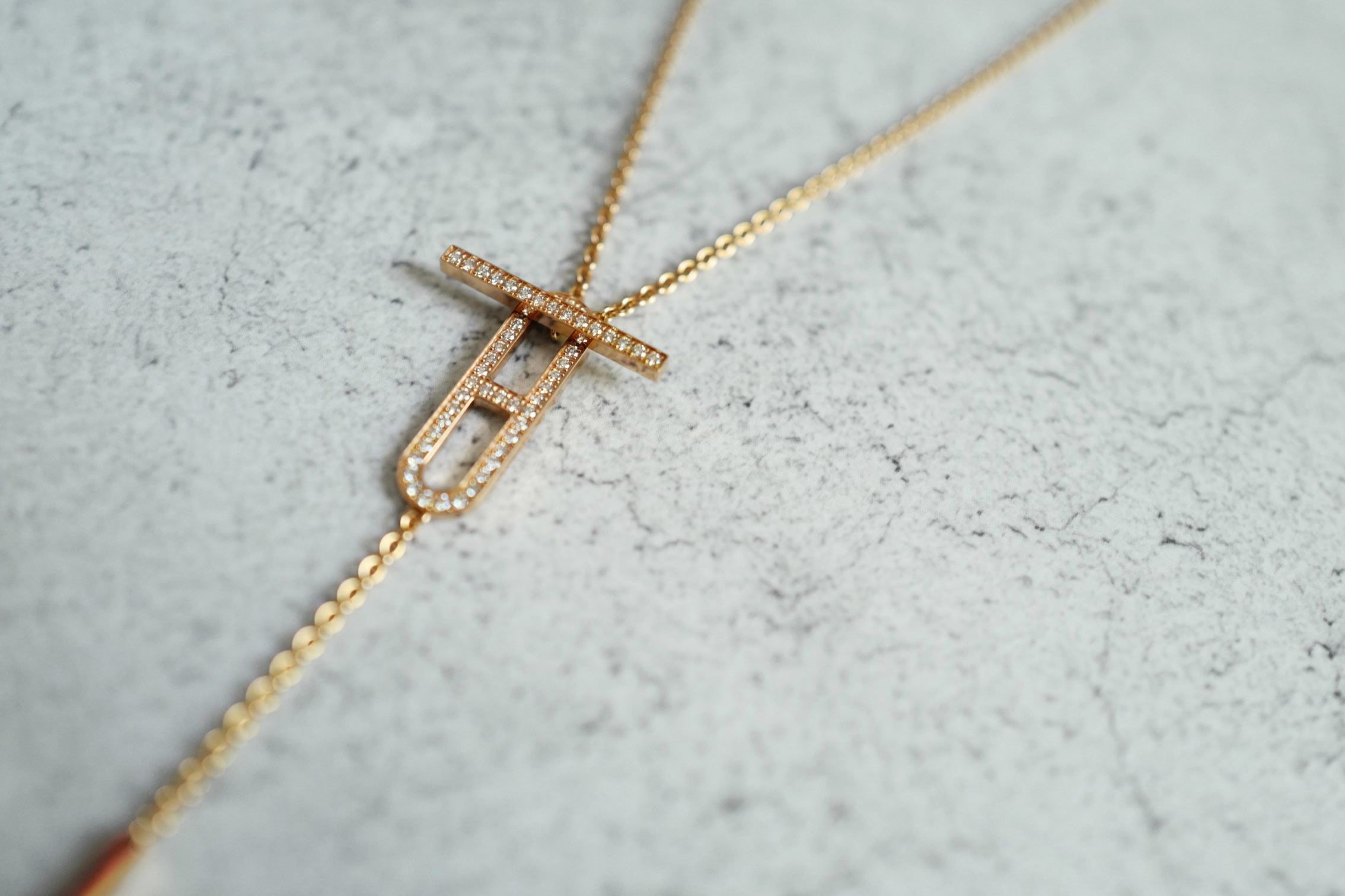 NEW Hermes Ever Chaine d'ancre Lariat Necklace Rose Gold 54 Diamonds