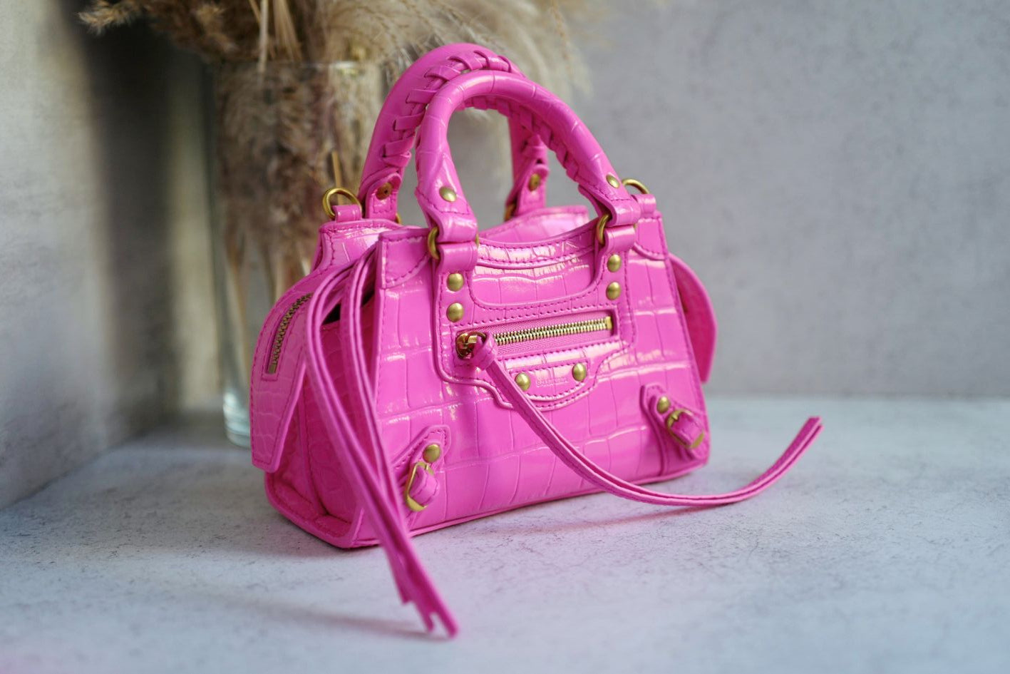 Balenciaga Neo Classic Nano Size In Bright Pink Croco Leather