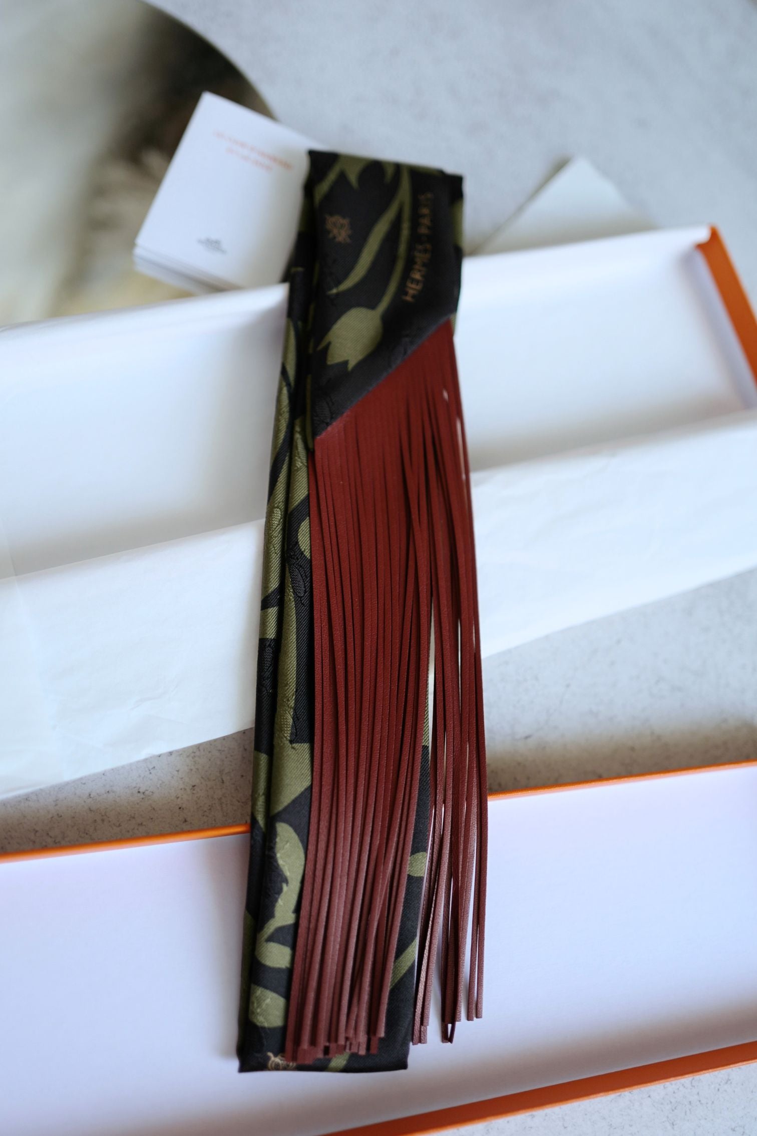 Hermès Twilly Bouquet Final Silk Noir/Vert Loden/Rouge H with Leather Fringe