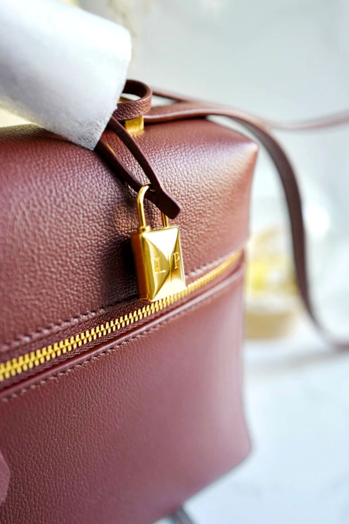 BNIB Loro Piana Extra Bag L27 Smoked Caramel In Grained Calfskin with Gold HW