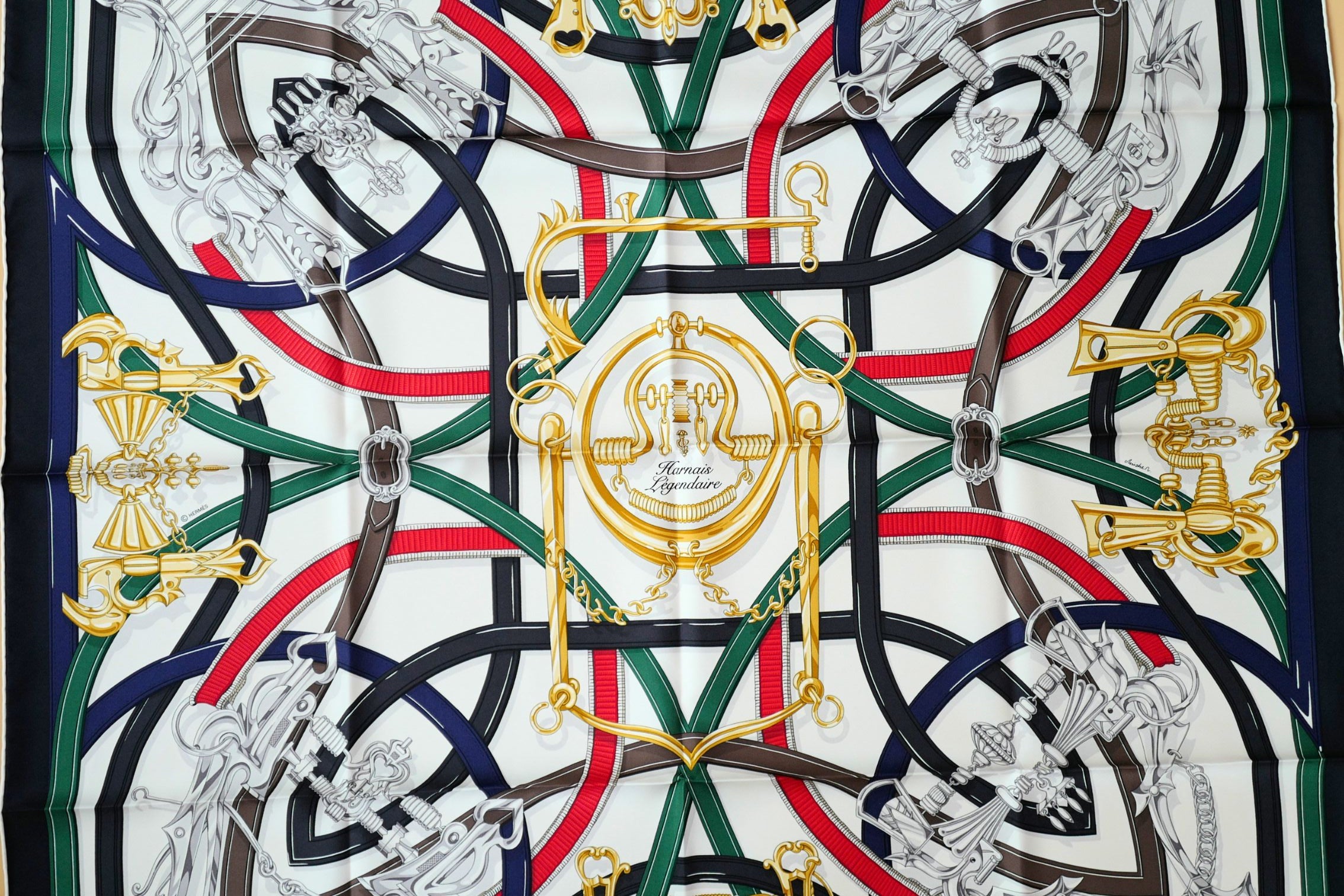 Hermès Harnais Legendaire Scarf Blanc/Vert Loden/Rouge Silk Twill 90