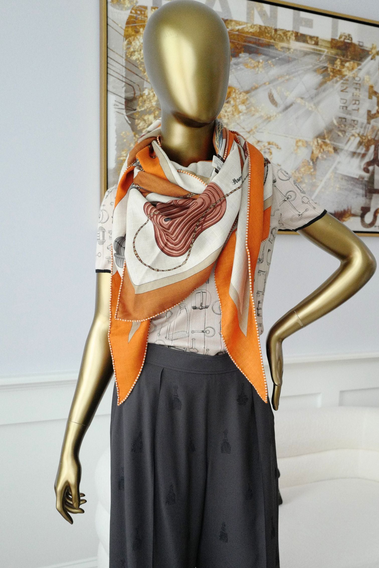 Hermès Clic-Clac Triangle Scarf Orange Cuit /Naturel/Caramel Cashmere Silk