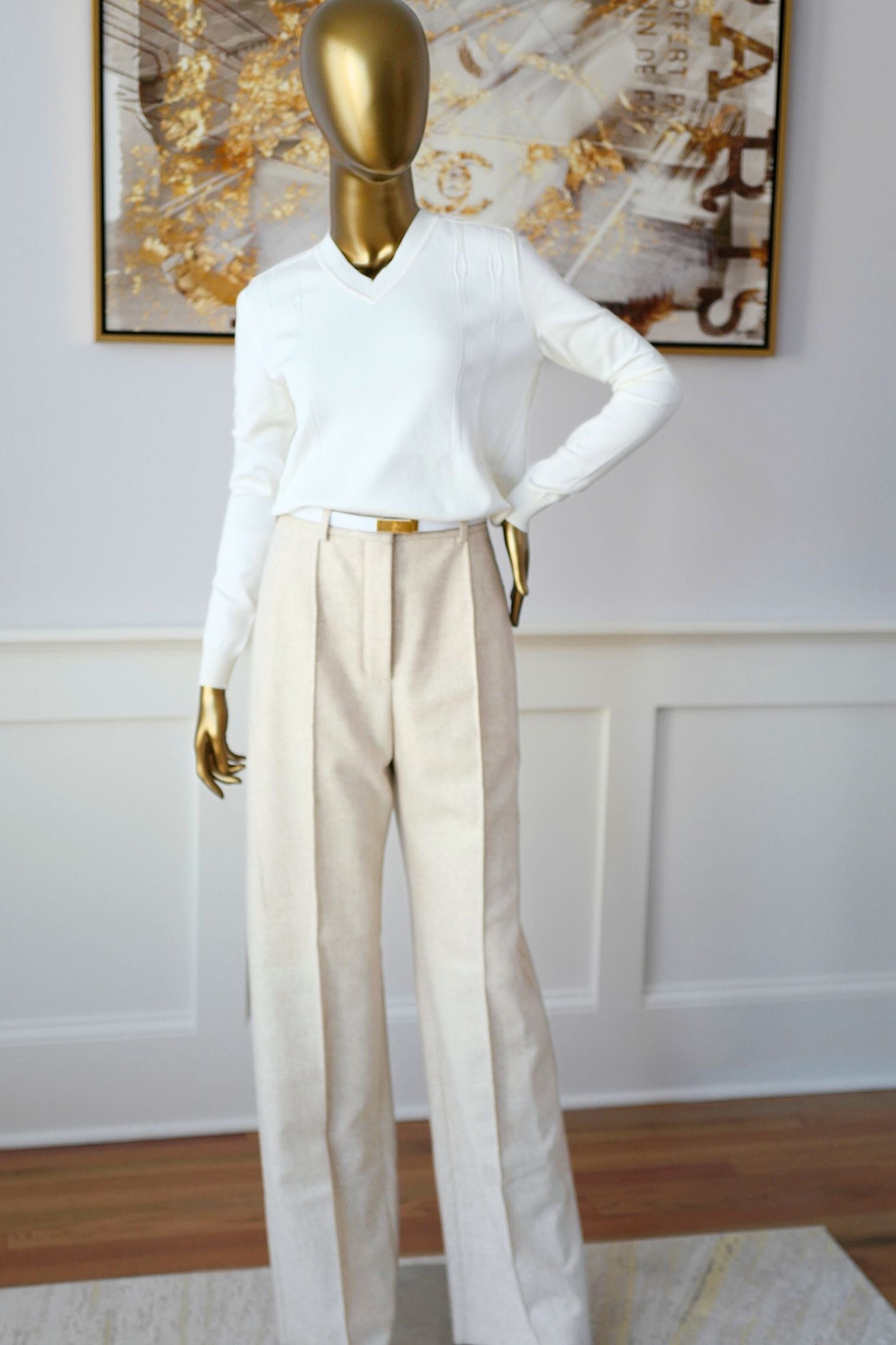 Hermès Long-Sleeve Textured Silk Cotton V-Neck Sweater Blanc Naturel Size 36