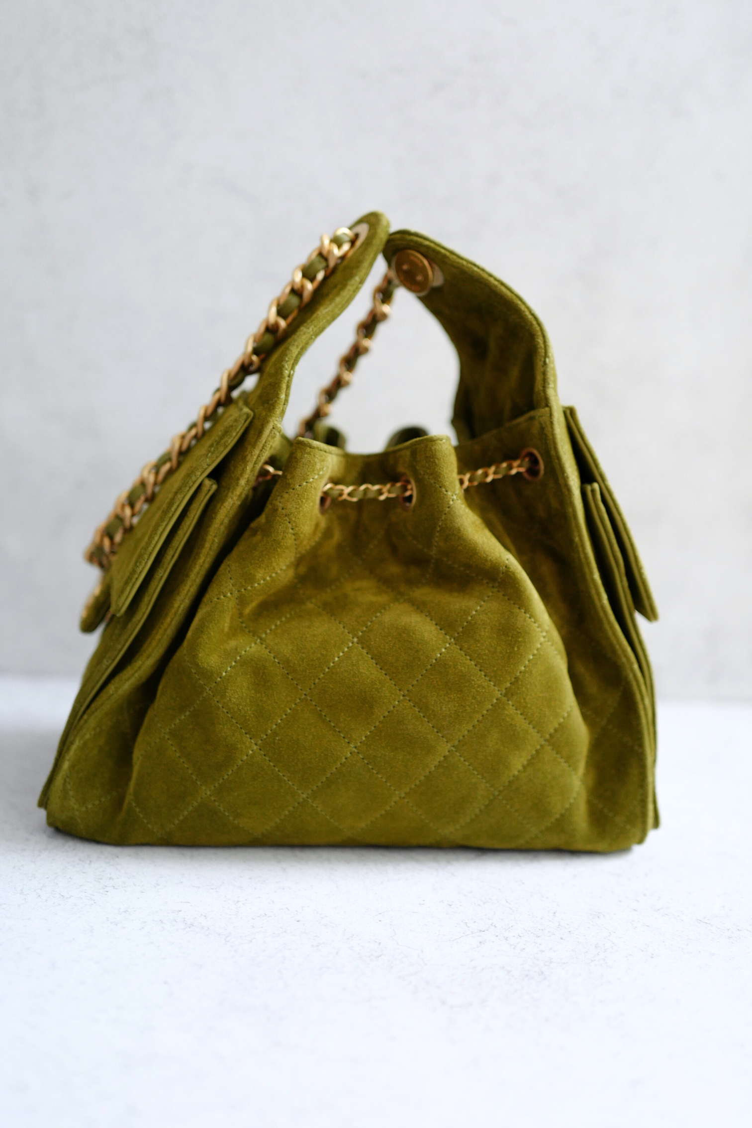 BNIB Chanel 25K Small Hobo Bag Khaki Green Suede with Gold Hardware