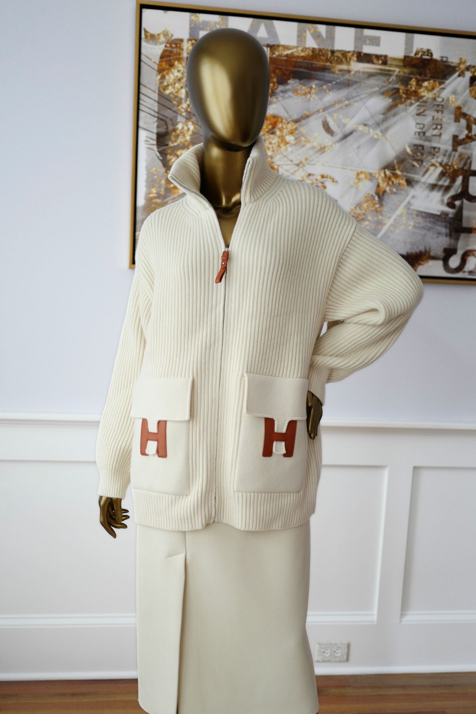 Hermès Blouson Cardigan Blanc Naturel Wool Knit Size 34