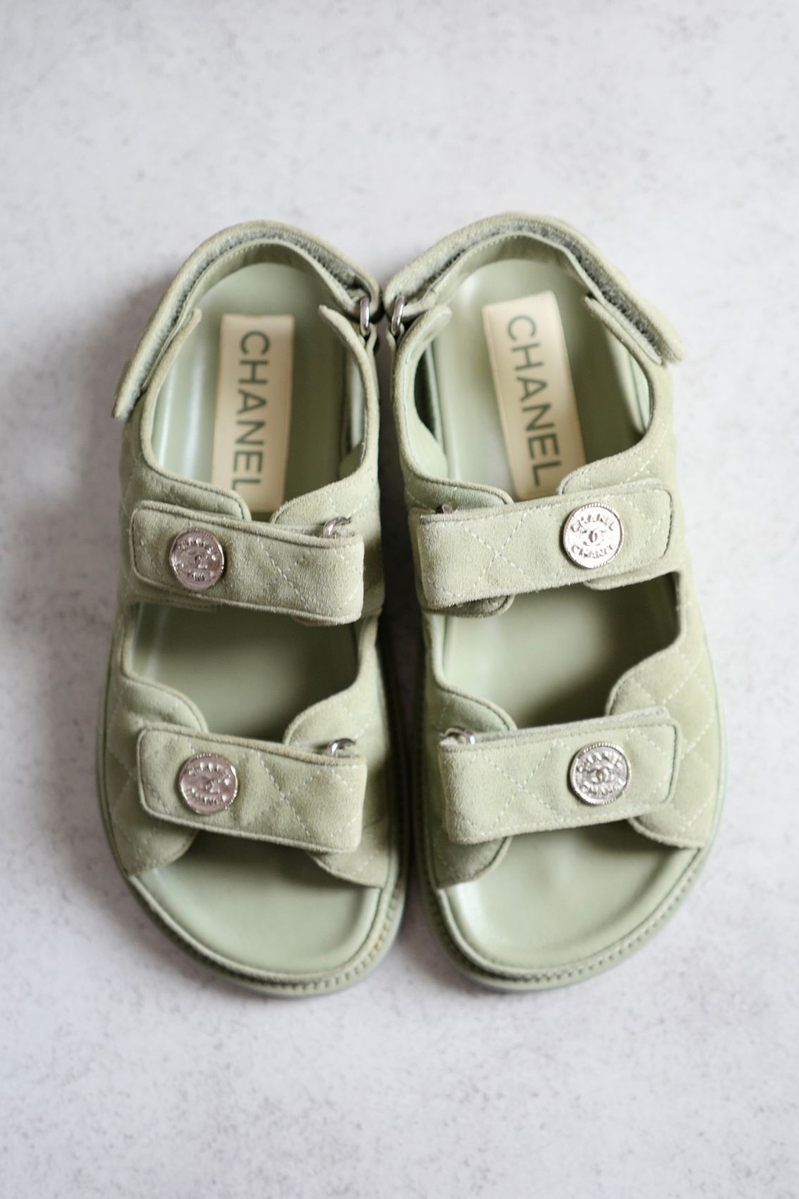 Chanel DAD SANDALS Green SUEDE LEATHER SANDAL Size 37 BNIB