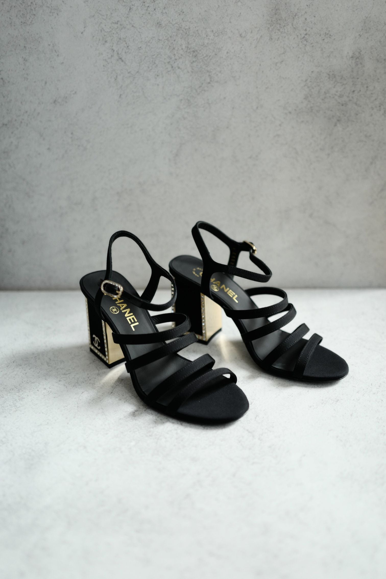 BNIB Chanel 24B Strappy Heels in Black with Crystals Rhinestone Heels size 38