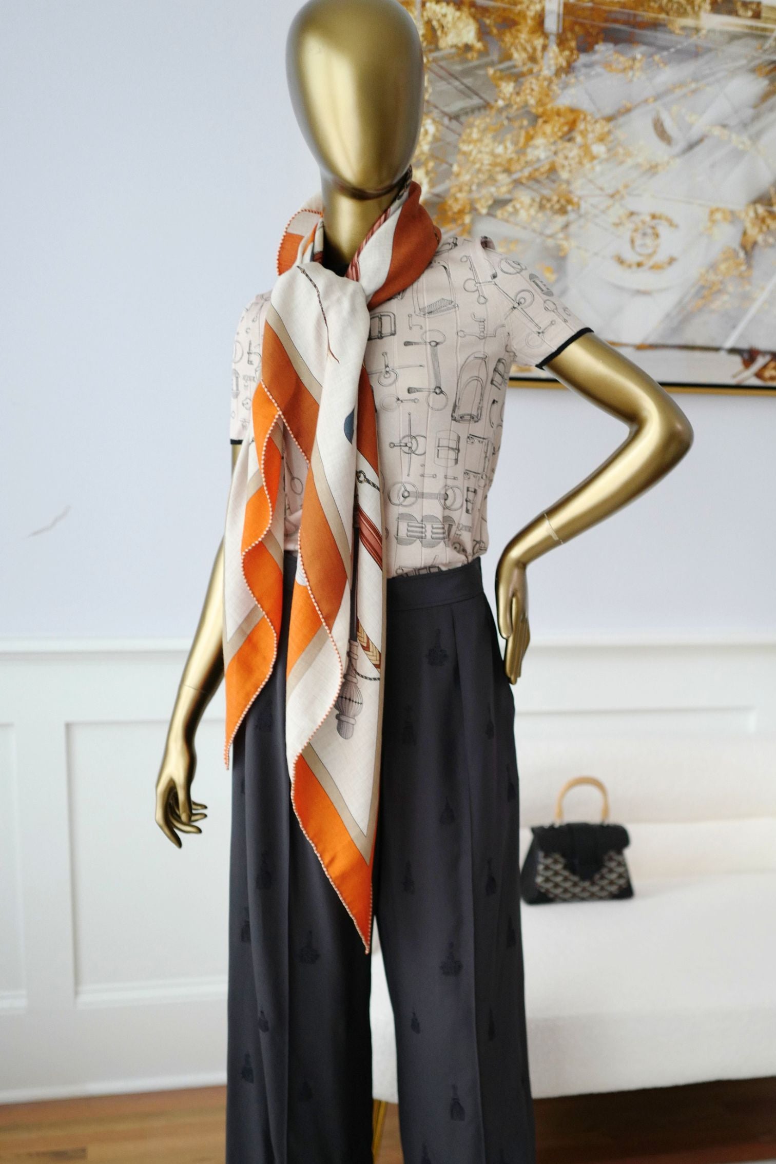 Hermès Clic-Clac Triangle Scarf Orange Cuit /Naturel/Caramel Cashmere Silk