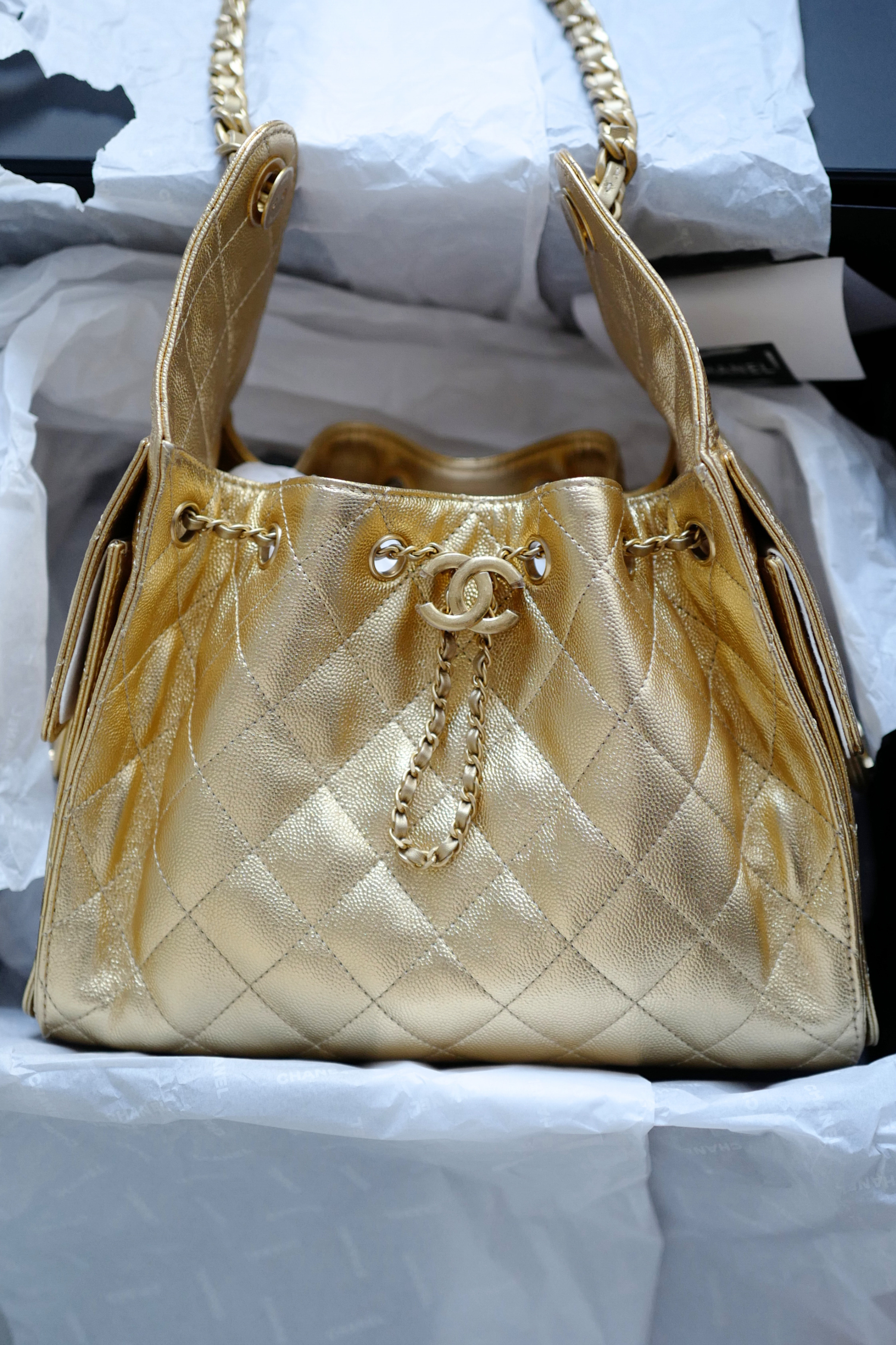 BNIB Chanel 26C Small Hobo Gold Metallic Grained Calfskin with Gold Hardware