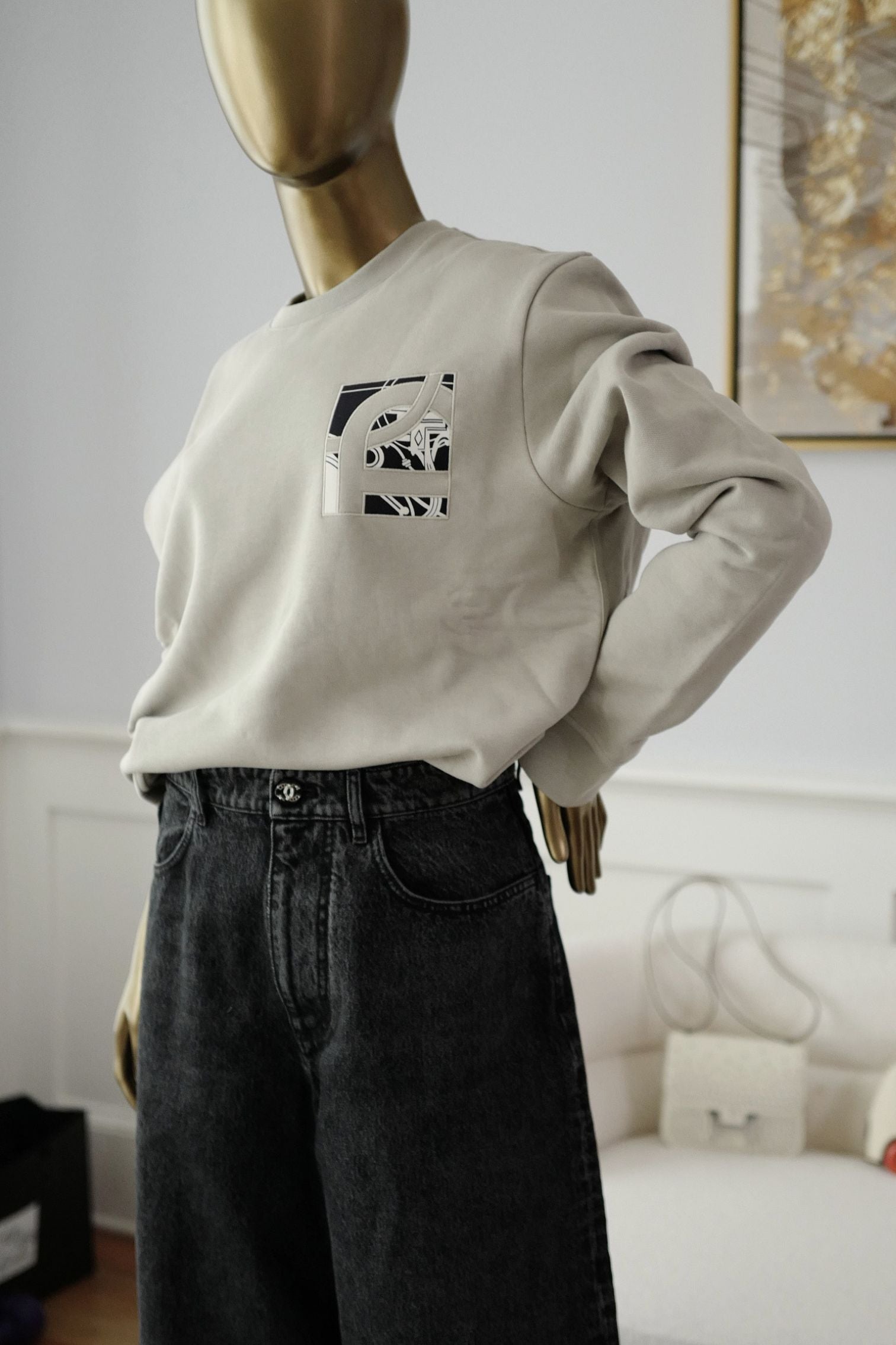 Hermès Ex-Libris Crewneck Sweater Mastic Cotton Size L