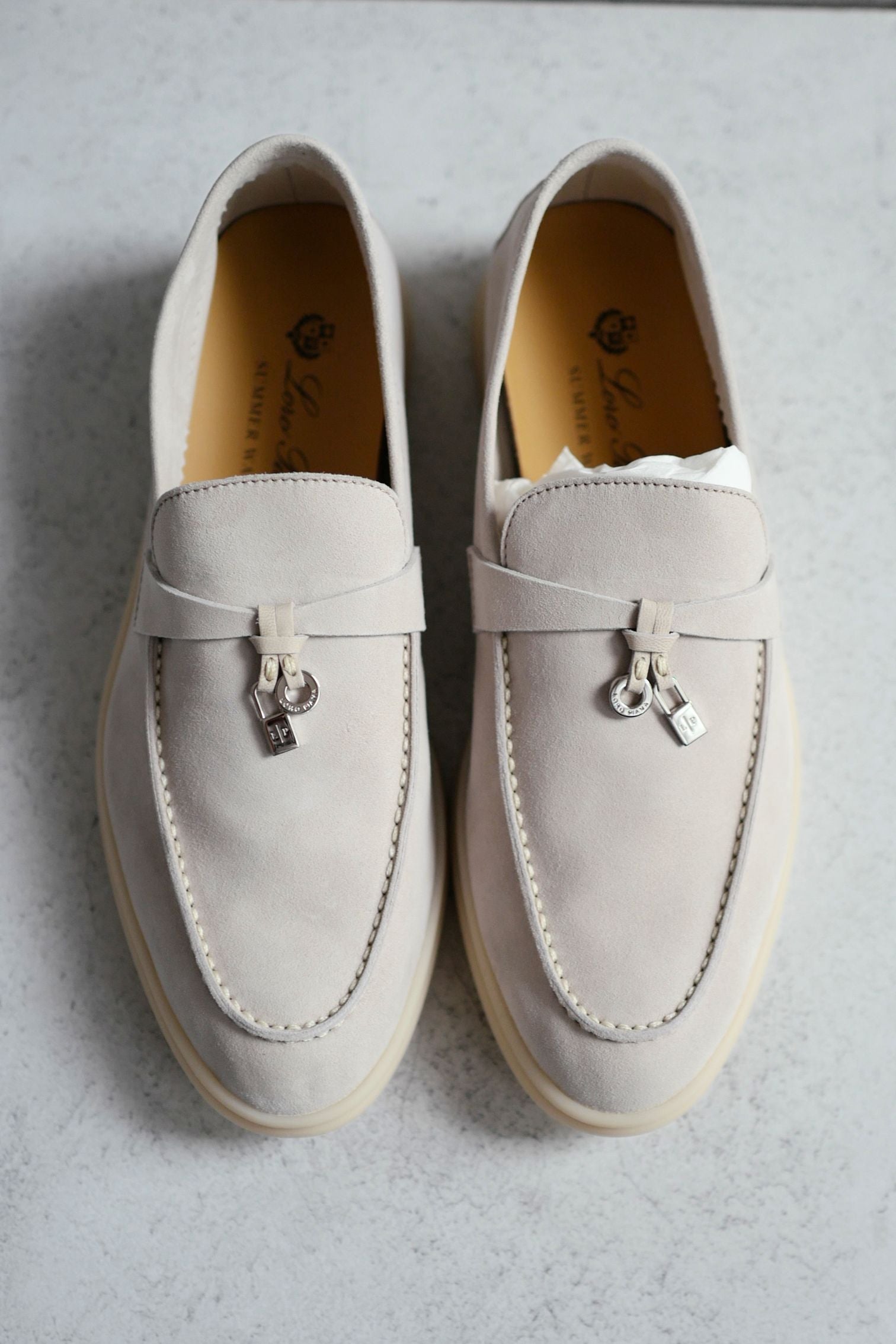 Loro Piana Summer Charm Walk Loafer Pearl Powder Suede Calfskin Size 37.5