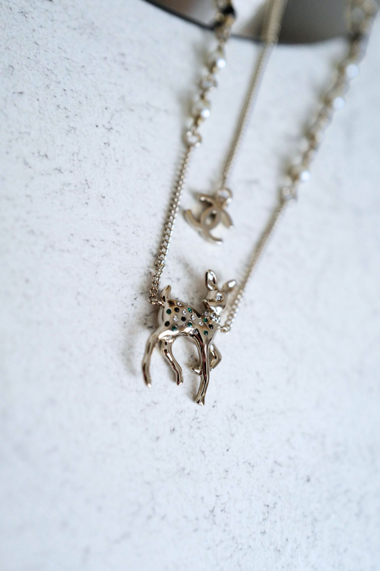 Chanel CC Deer Long Pendant Necklace Gold and Faux Pearl