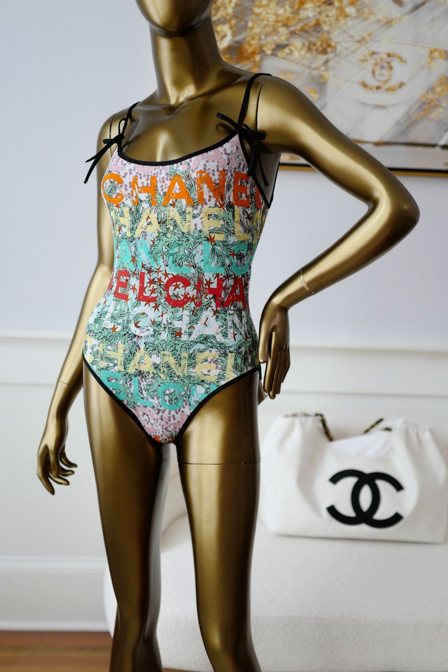 Chanel 26M Coco Beach Swimsuit Multicolor Stretch Jersey Size 36
