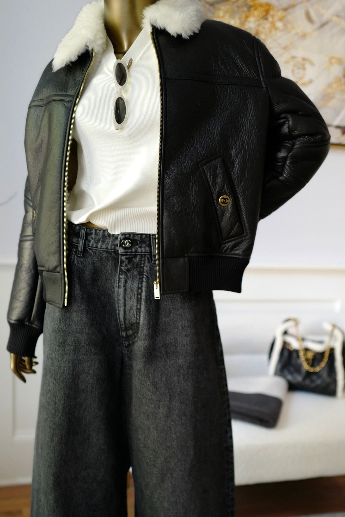Chanel 26B Blouson Jacket Black White Shearling Lambskin Size 36