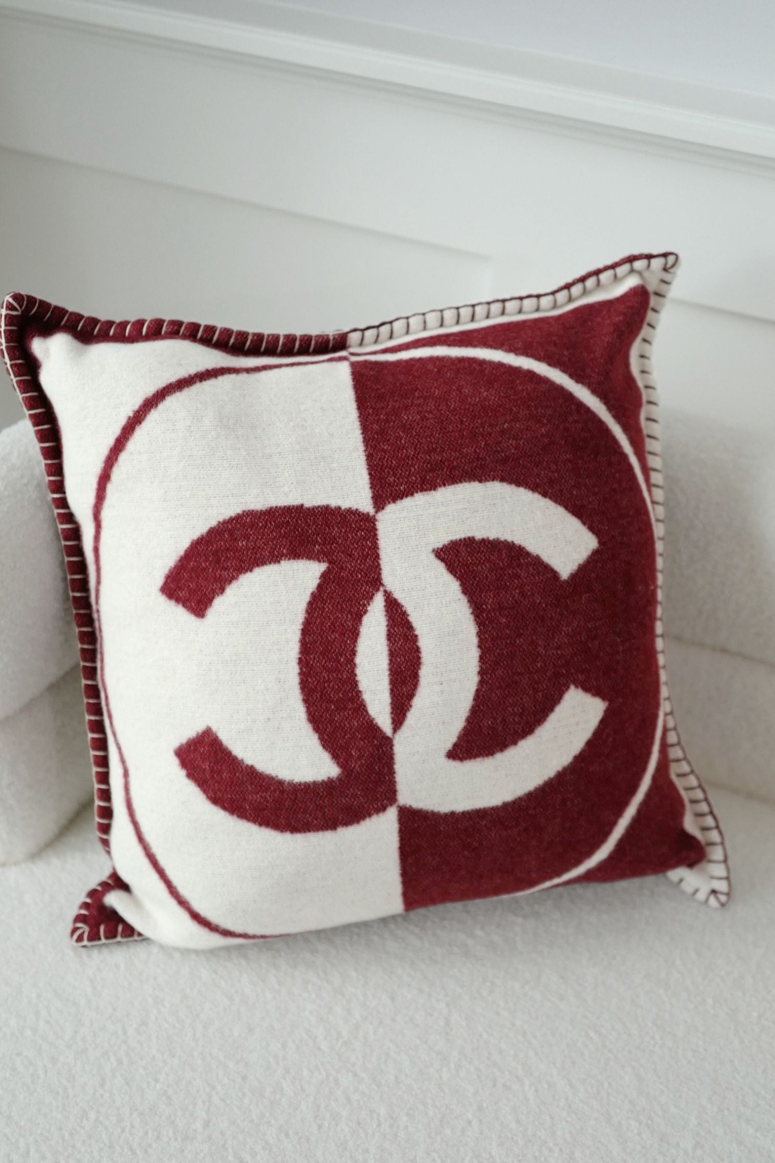 NEW Chanel CC Logo Pillow Burgundy White Wool Cashmere