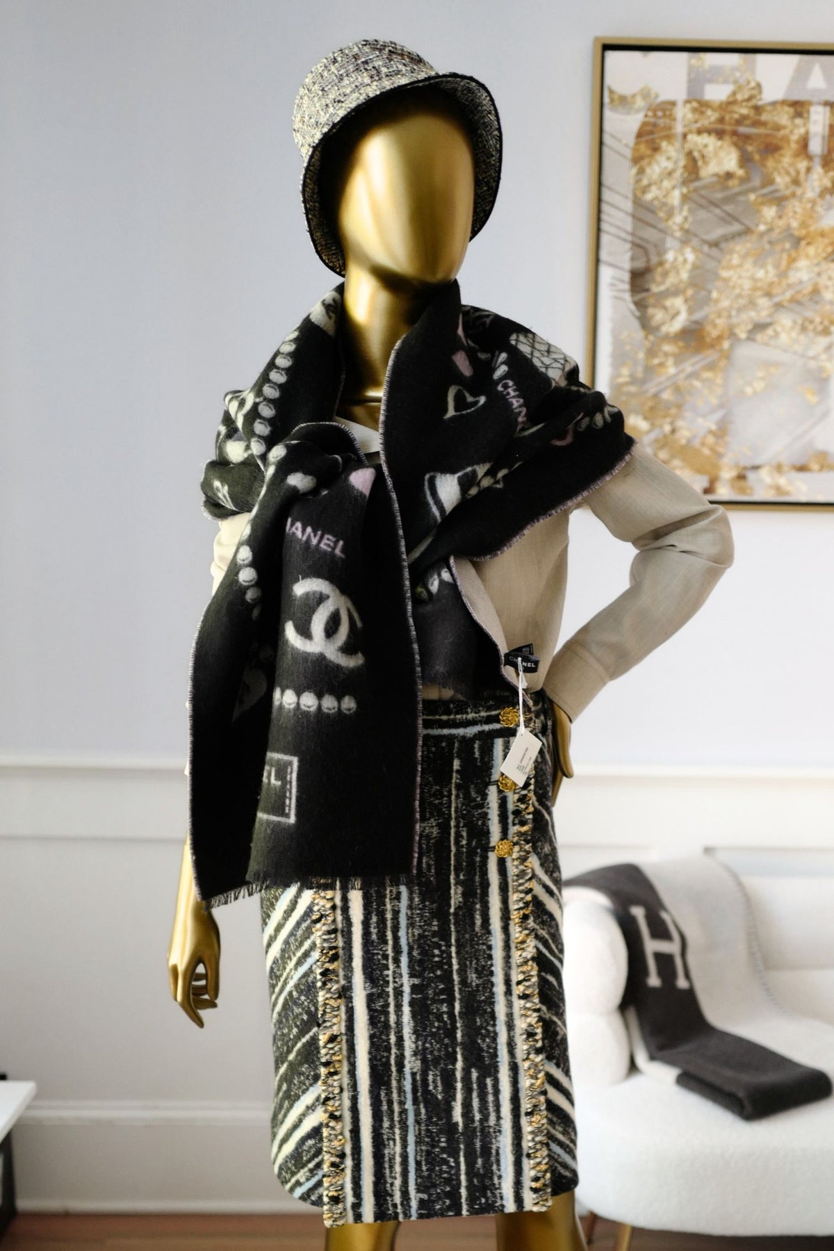 NEW Chanel 25B Black White Wool & Silk Scarf with Pearl Decoration