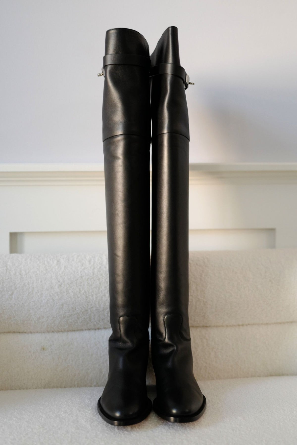 Hermes Thigh High Boots Noir Calfskin Palladium Kelly Buckle Size 38