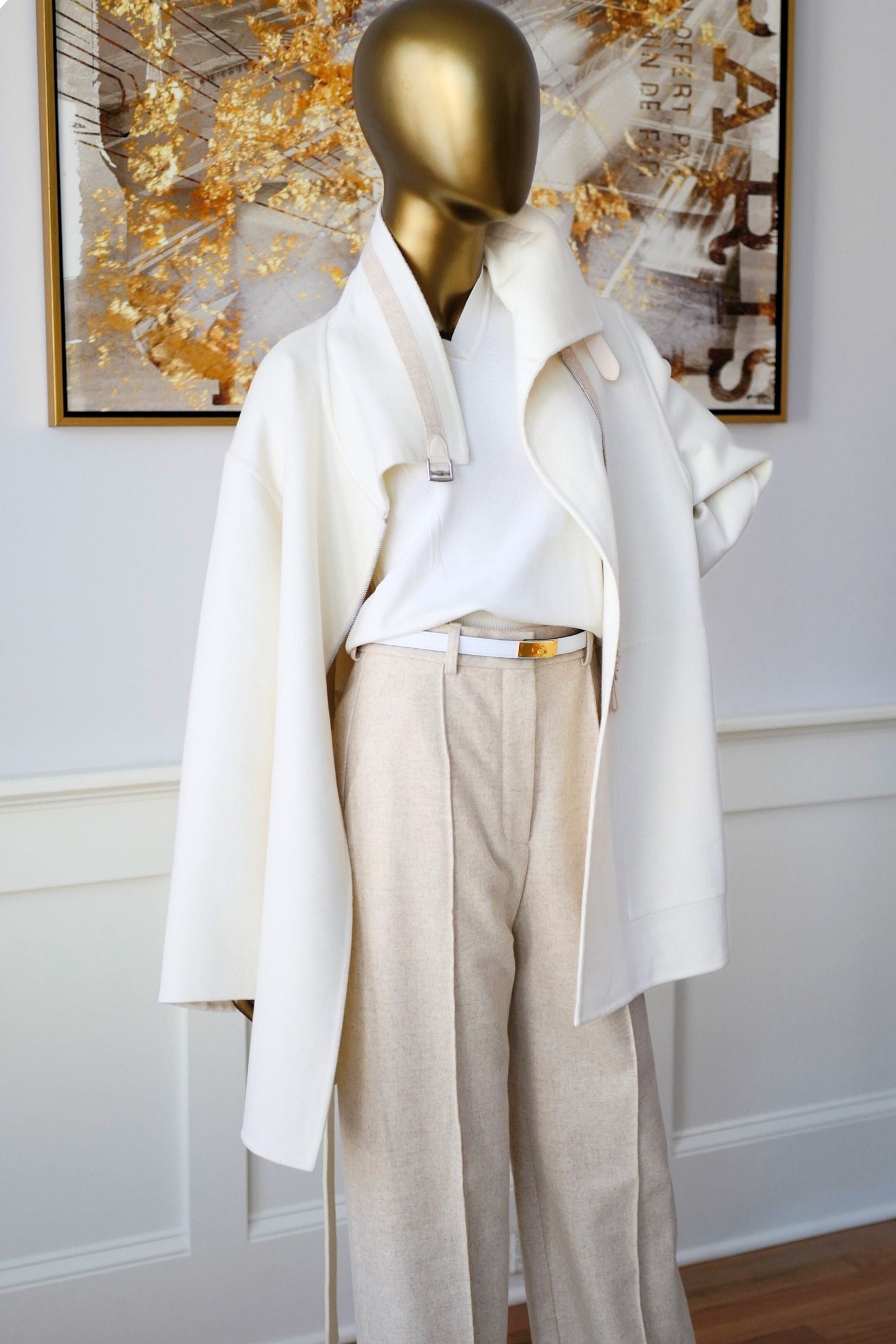 Hermès Double-Face Cashmere Coat with Felt & Leather Details in Natural White Size 34