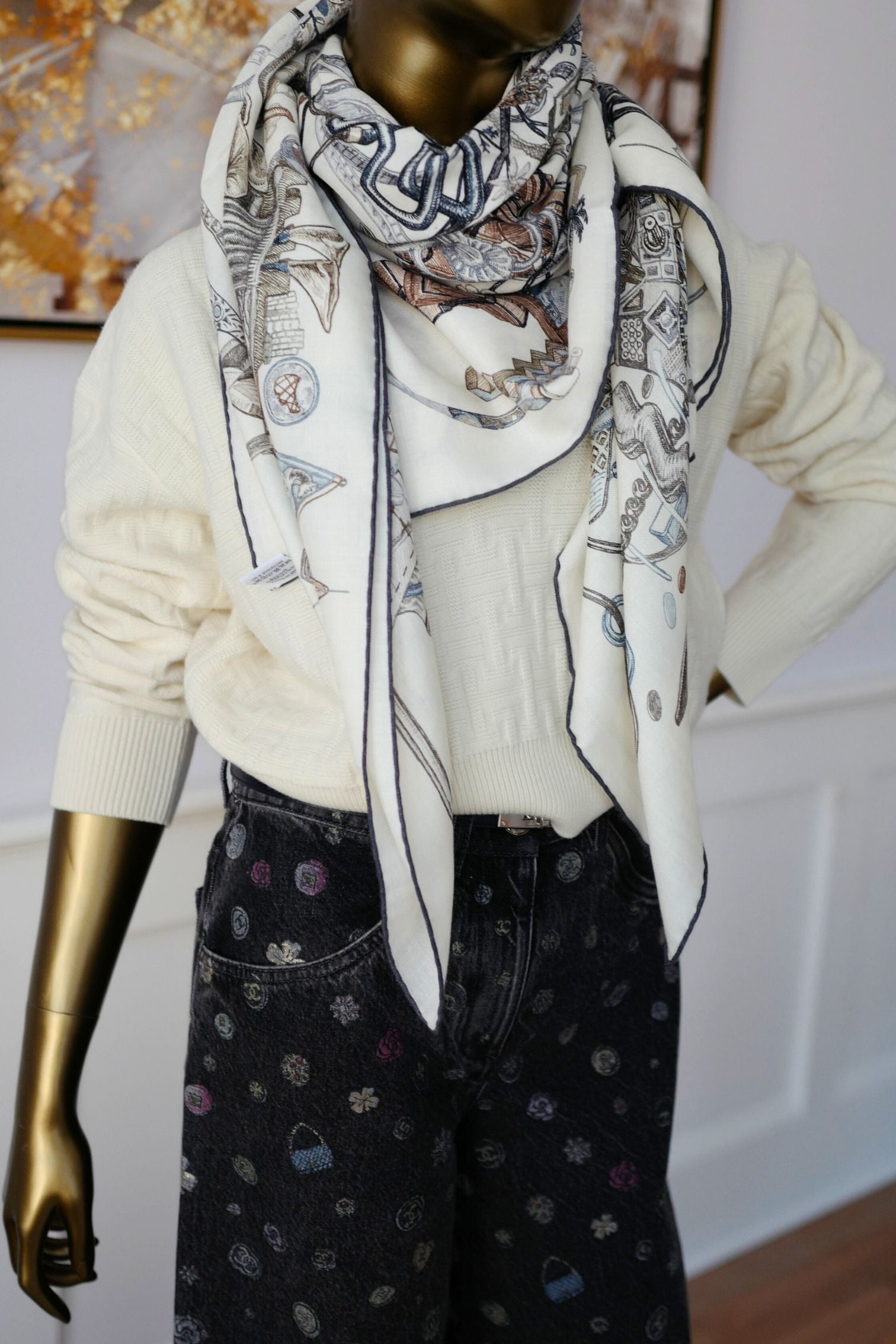 Hermès Le Monde d'Hermès Shawl 140 Cashmere Silk Scarf Blanc Ardoise Etoupe