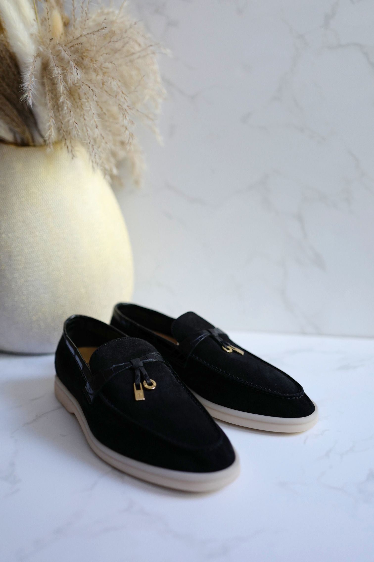 BNIB Loro Piana Summer Charms Walk Loafers In Black Suede Alligator strap Size 37
